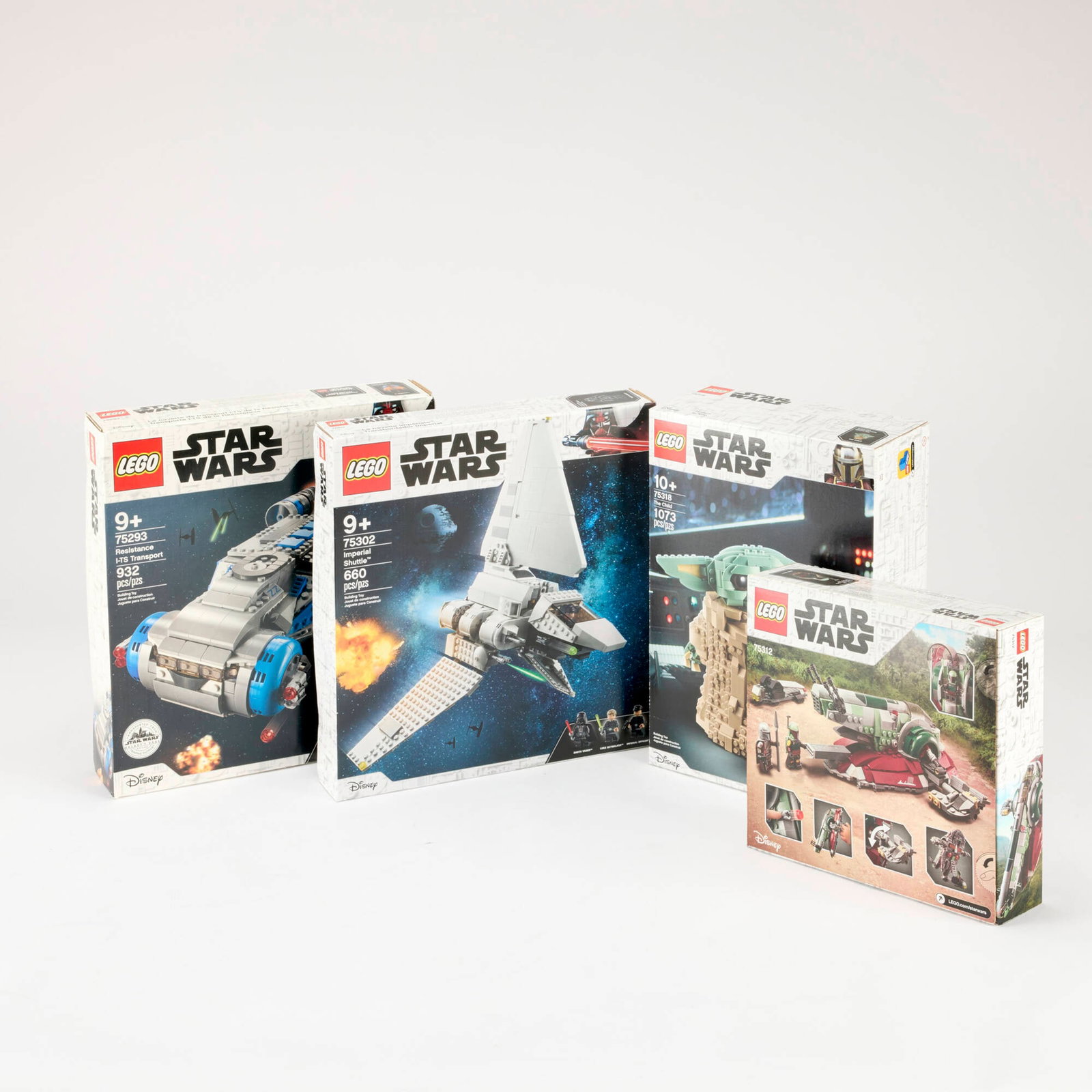 4PC 2020-21 LEGO Star Wars Group Factory Sealed: 4PC 2020-21 LEGO Star Wars Group Factory Sealed USA, 2020, 2021 Group includes: 2020 Resistance I-TS Transport 75293 2020 The Child 75318 2021 Imperial Shuttle 75302 2021 Boba Fett's Starship 75312. C