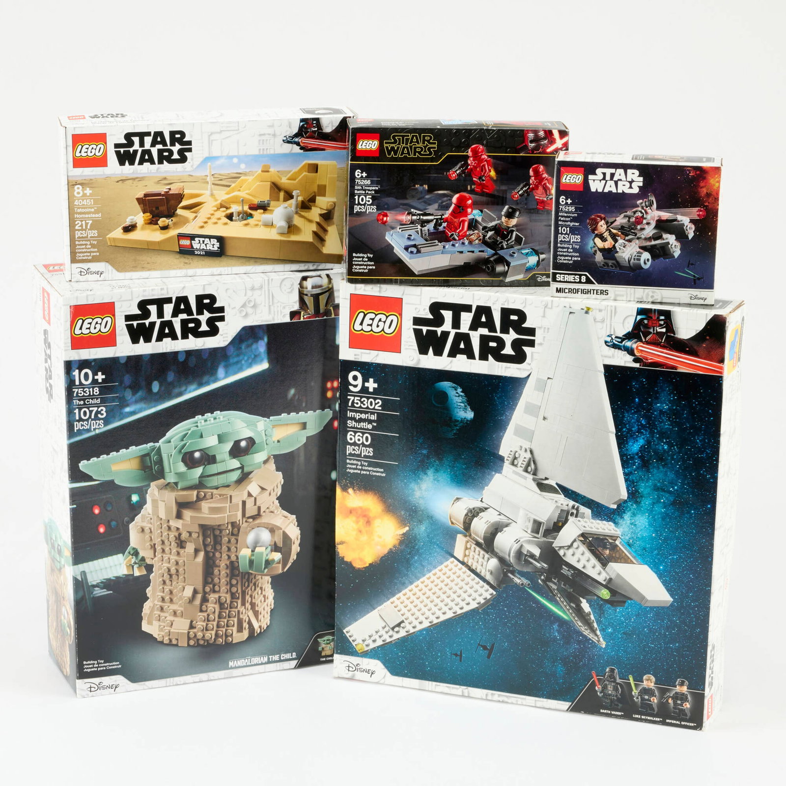 5PC 2020-21 LEGO Star Wars Group Factory Sealed: 5PC 2020-21 LEGO Star Wars Group Factory Sealed USA, 2020-21 Group includes: 2020 Sith Troopers Battle Pack 75266 2020 The Child 75318 2021 Imperial Shuttle 75302 2021 Millennium Falcon Micofighter 75