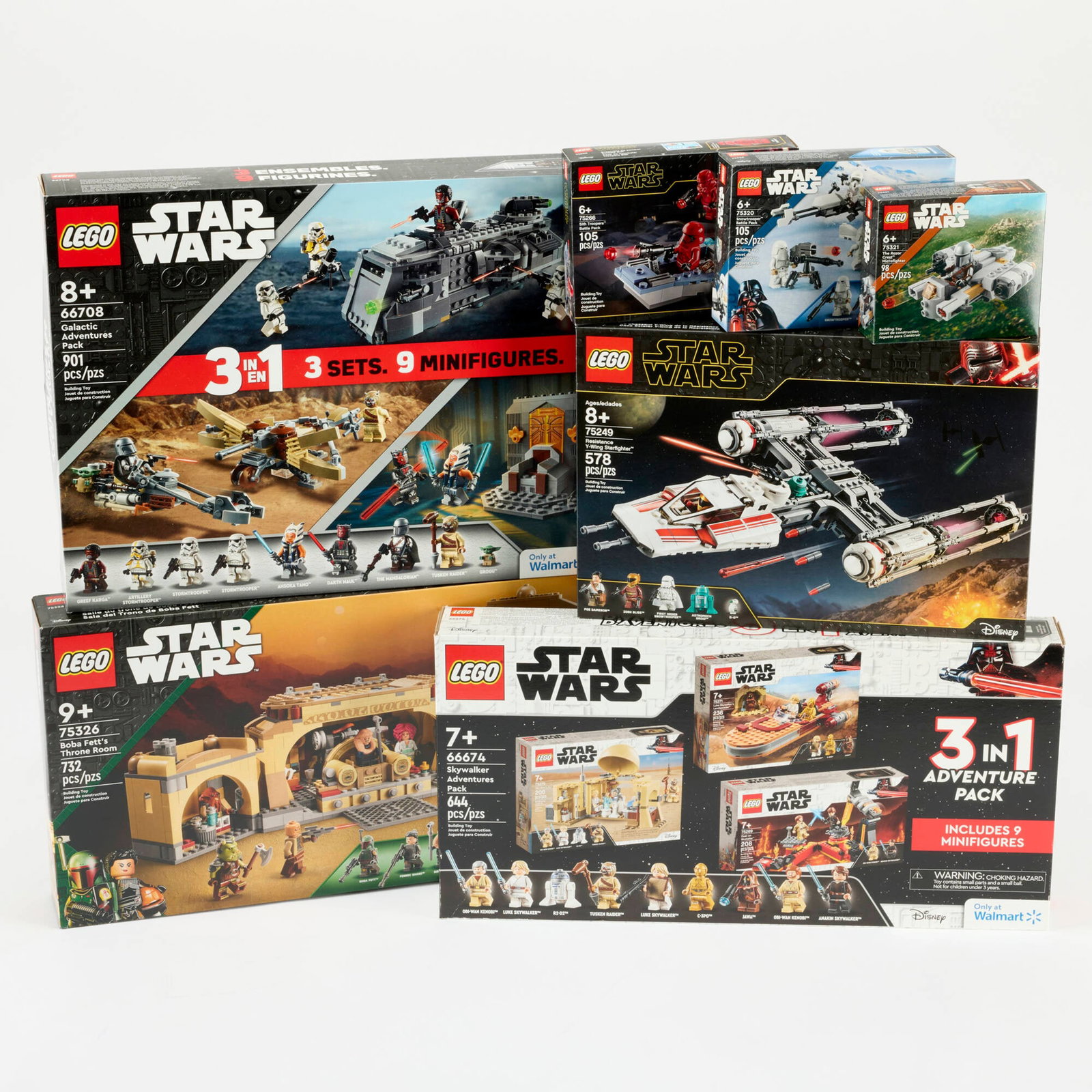 7PC 2019-22 LEGO Star Wars Group Factory Sealed: 7PC 2019-22 LEGO Star Wars Group Factory Sealed USA, 2019-22 Group includes: 2019 Resistance Y-Wing Starfighter 75249 2020 Sith Troopers Battle Pack 75266 2021 Skywalker Adventures Pack 66674 Walmart 