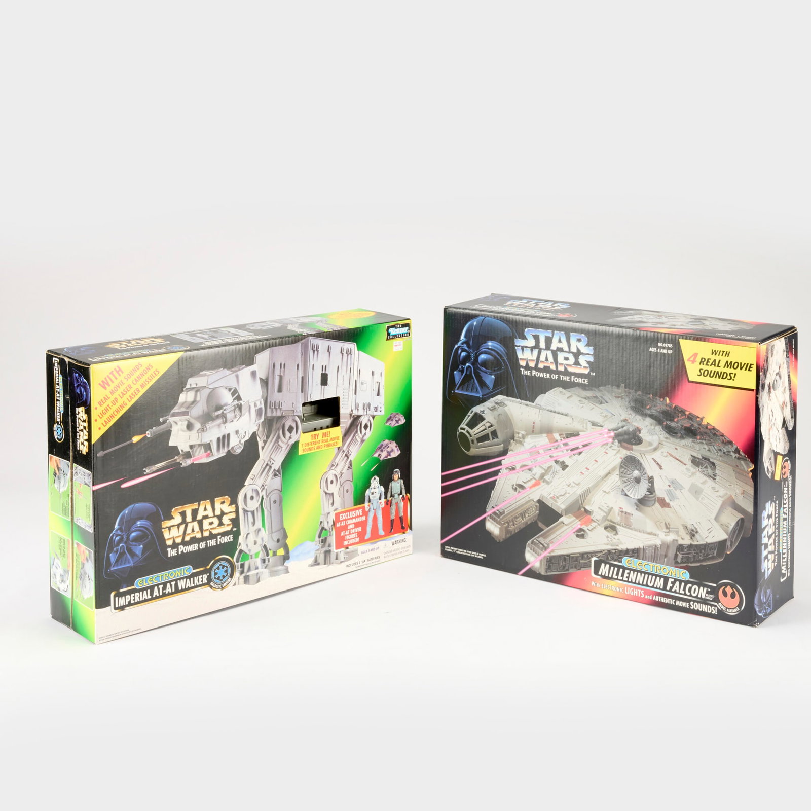 2PC 1995-97 Kenner Star Wars POTF2 Electronic Millenium Falcon and Electronic Imperial AT-AT: 2PC 1995-97 Kenner Star Wars POTF2 Electronic Millenium Falcon Electronic Imperial AT-AT Group Factory Sealed USA, 1995-97 Group includes: 1995 POTF2 Electronic Millennium Falcon 1997 POTF2 Electronic