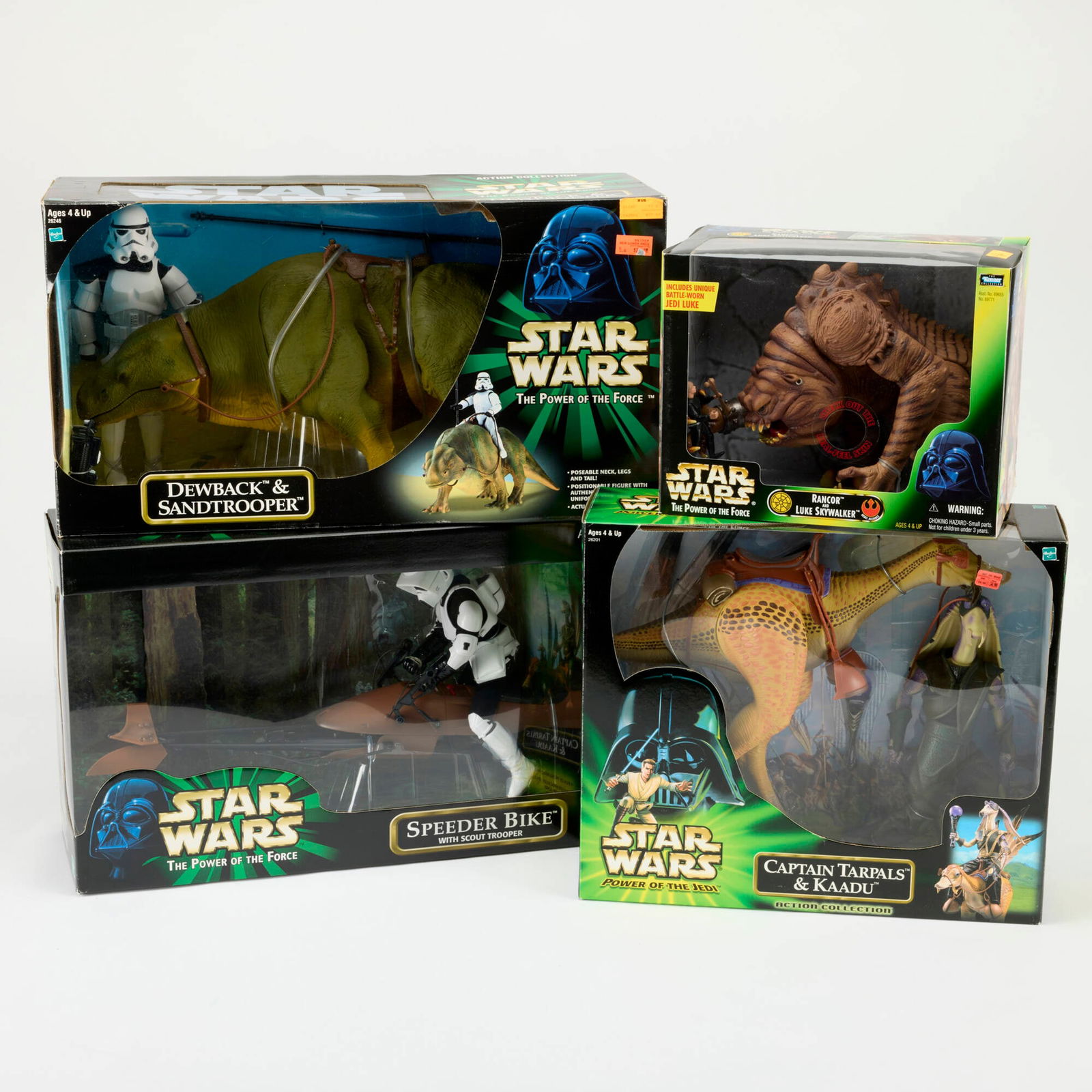4PC 1998-2000 Kenner and Hasbro Star Wars Group Factory Sealed: 4PC 1998-2000 Kenner and Hasbro Star Wars Group Factory Sealed USA, 1998-2000 Group includes: 1998 Kenner POTF2 Rancor and Luke Skywalker 2000 Hasbro POTF2 12 Inch Speeder Bike with Scout Trooper 2000