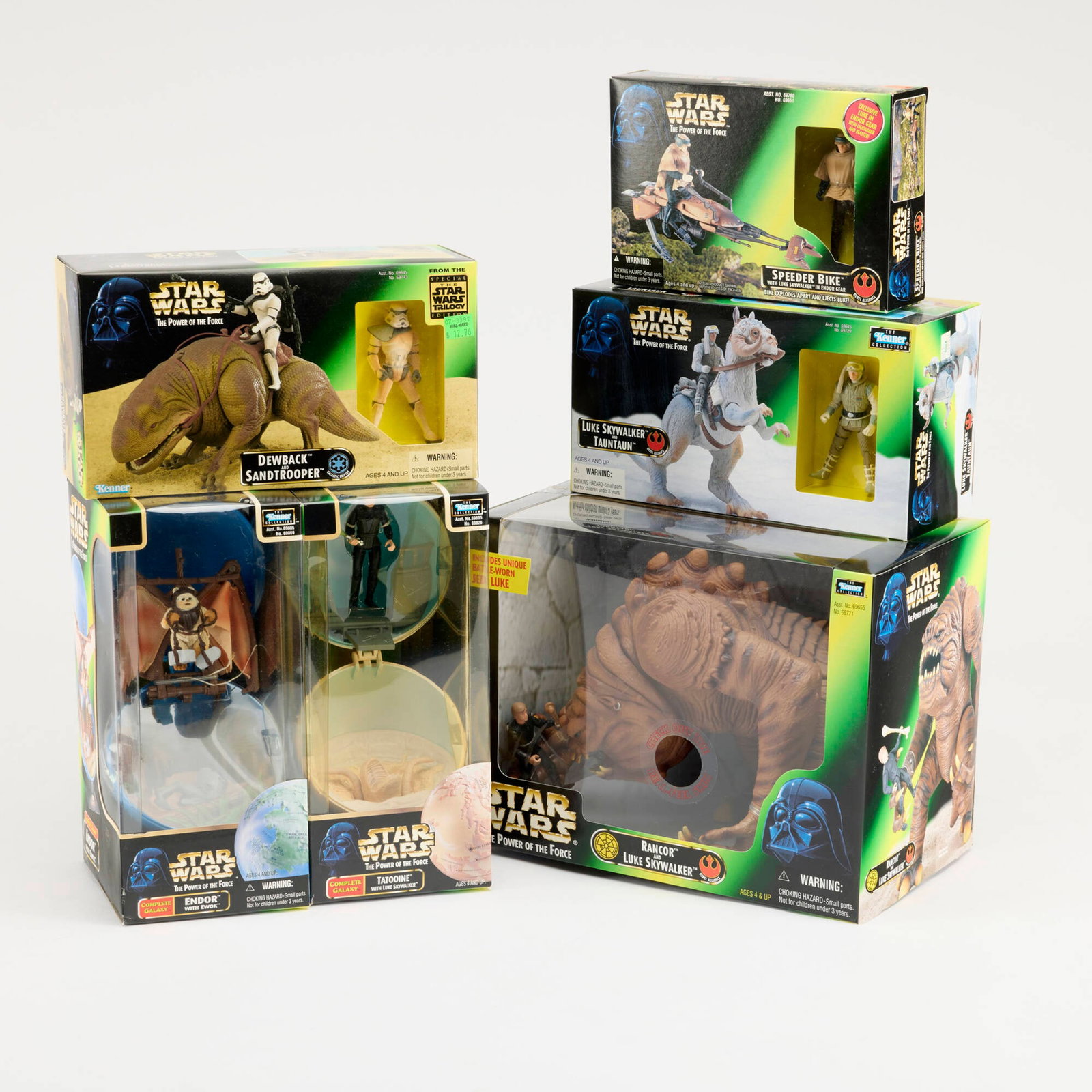 6PC 1996-98 Kenner Star Wars Power of the Force 2 Group Factory Sealed: 6PC 1996-98 Kenner Star Wars Power of the Force 2 Group Factory Sealed USA, 1996-1998 Group includes: POTF2: 1996 Speeder Bike with Luke Skywalker in Endor Gear 1997 Dewback and Sandtrooper 1997 Luke 