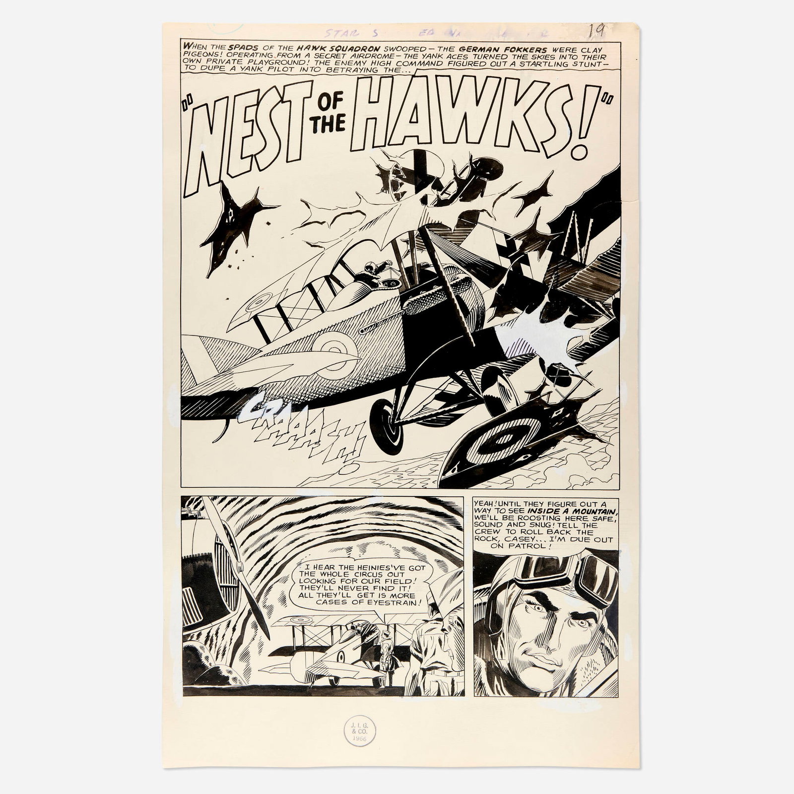 Jack Abel, Star-Spangled War Stories #132 Story Page 19 Original Art (DC Comics, 1967): Jack Abel Star-Spangled War Stories #132 Story Page 19 Original Art (DC Comics, 1967) pencil and ink on Bristol board 20.75 h x 13 w in (53 x 33 cm) Circle stamped at lower edge 'J.I.G. & Co. 1966'.