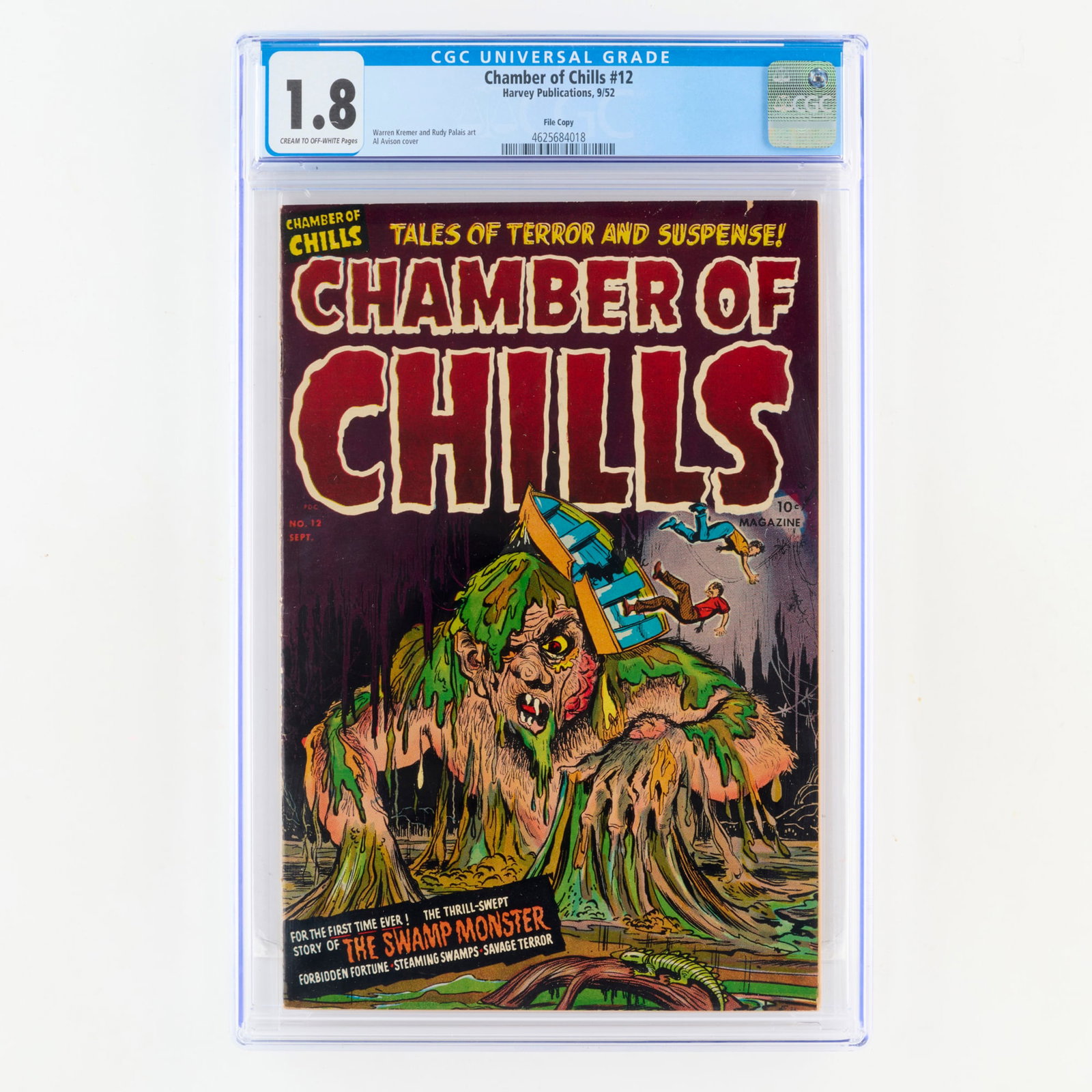 Harvey Publications Chamber of Chills #12 CGC 1.8 File Copy: Harvey Publications Chamber of Chills #12 CGC 1.8 File Copy USA, 1952 Issue is a file copy and features art by Warren Kremer and Rudy Palais, and cover by Al Avison. CGC#: 4625684018 Pop