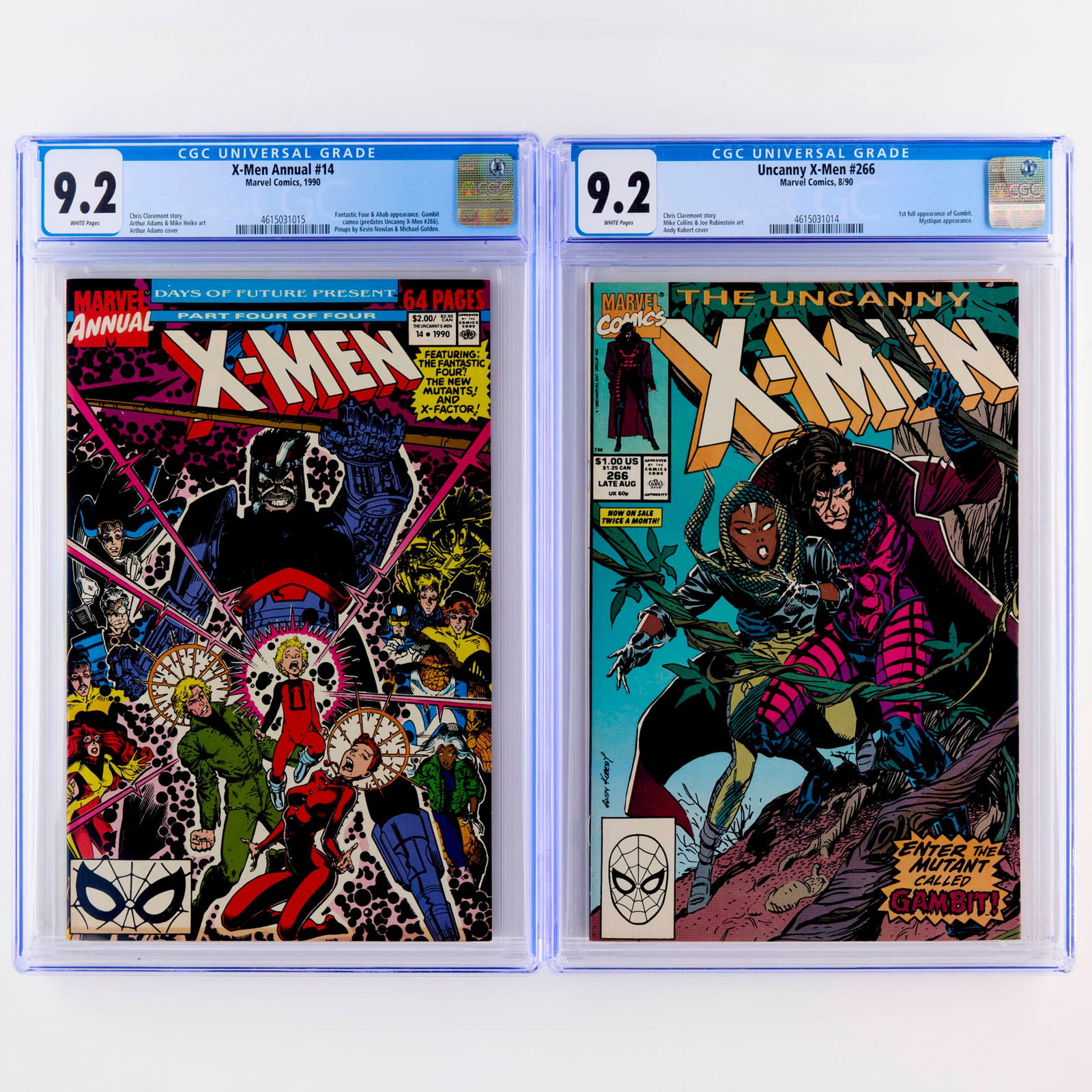 2 Marvel Comics Uncanny X-Men #266 X-Men Annual #14 CGC 9.2 Group: 2 Marvel Comics Uncanny X-Men #266 X-Men Annual #14 CGC 9.2 Group USA, 1990 Marvel Comics Uncanny X-Men #266 CGC 9.2 (8/90) CGC#: 4615031014Population: 2,599 in 9.2, 1