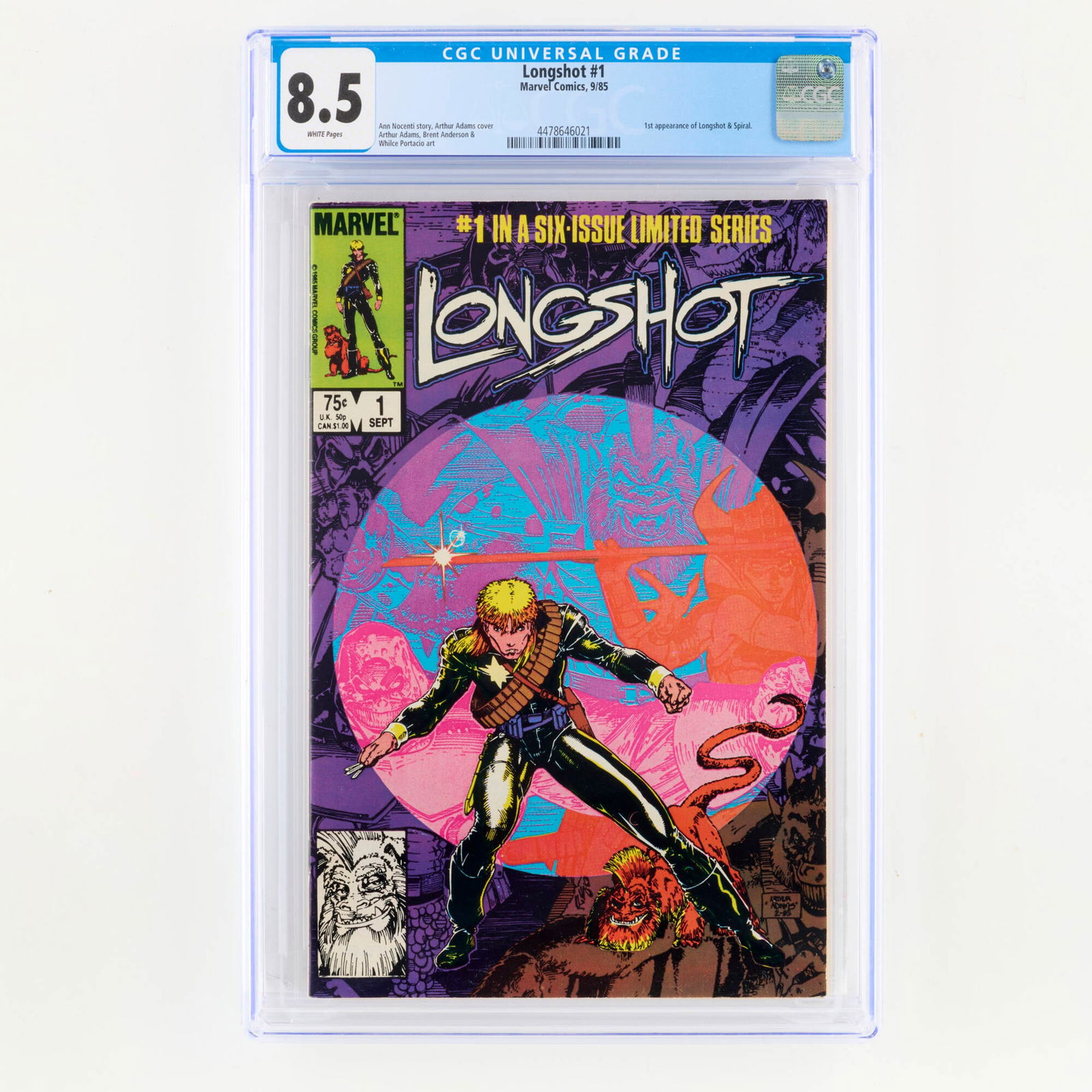 Marvel Comics Longshot #1 CGC 8.5: Marvel Comics Longshot #1 CGC 8.5 USA, 1985 Issue features the first appearance of Longshot and Spiral, with story by Ann Nocenti, cover by Arthur Adams, and art by Arthur Adams, Brent Anderson and Wh