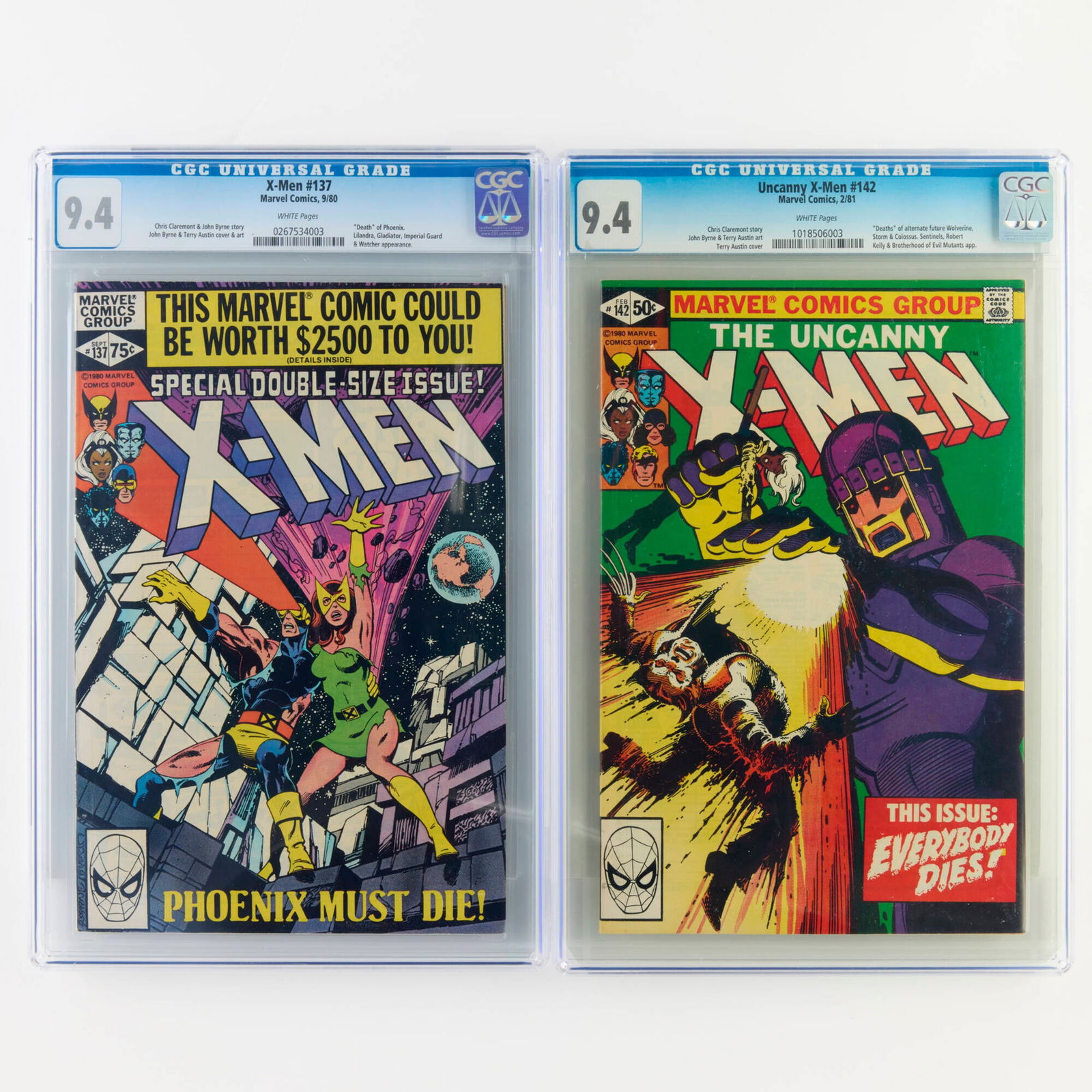 2 Marvel Comics X-Men Uncanny X-Men #137 #142 CGC 9.4 Group: 2 Marvel Comics X-Men Uncanny X-Men #137 #142 CGC 9.4 Group USA, 20th Century Marvel Comics X-Men #137 CGC 9.4 (9/80) CGC#: 0267534003Population: 971 in 9.4, 2,038 hig