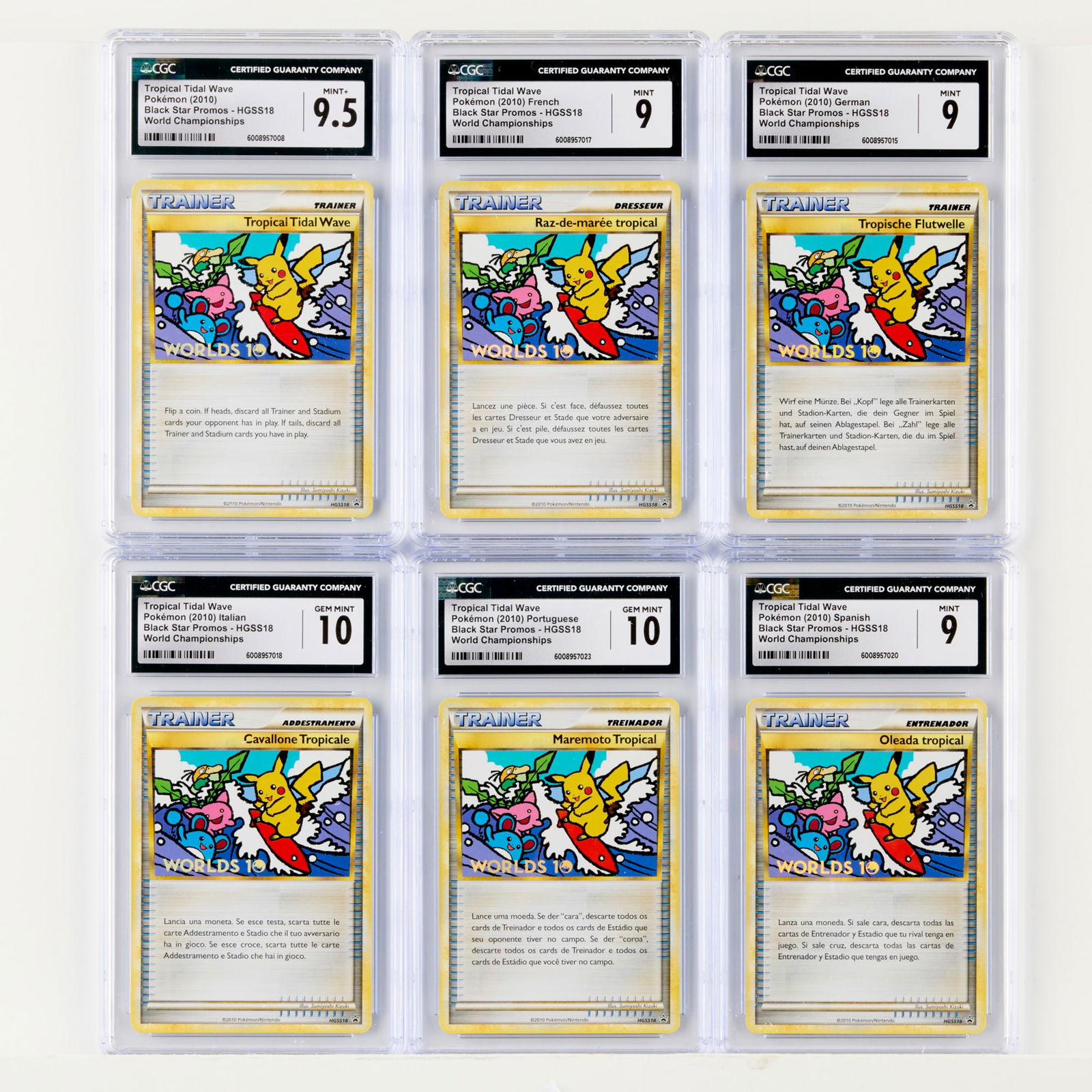 Six 2010 Pokemon Black Star Promos HGSS18 Tropical Tidal Wave World Championships CGC Group: Six 2010 Pokemon Black Star Promos HGSS18 Tropical Tidal Wave World Championships CGC Trading Card Group USA, France, Germany, Italy, Portugal, Spain, 2010 2010 Pokemon Black Star Promos HGSS18 Tropi