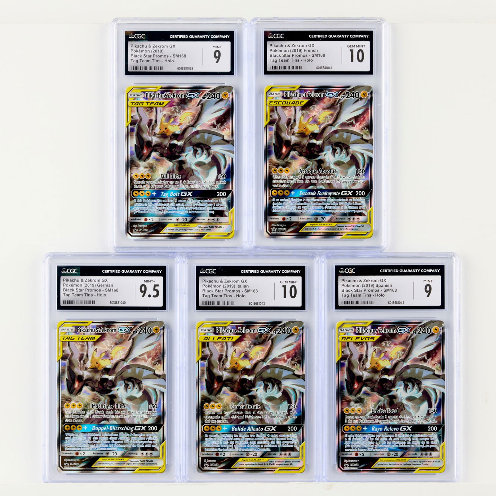 Five 2019 Pokemon Black Star Promos SM168 Pikachu & Zekrom GX Tag Team Tins Holo CGC: Five 2019 Pokemon Black Star Promos SM168 Pikachu & Zekrom GX Tag Team Tins Holo CGC Trading Card Group USA, France, Germany, Italy, Spain, 2019 2019 Pokemon Black Star Promos SM168 Pikachu & Zekrom
