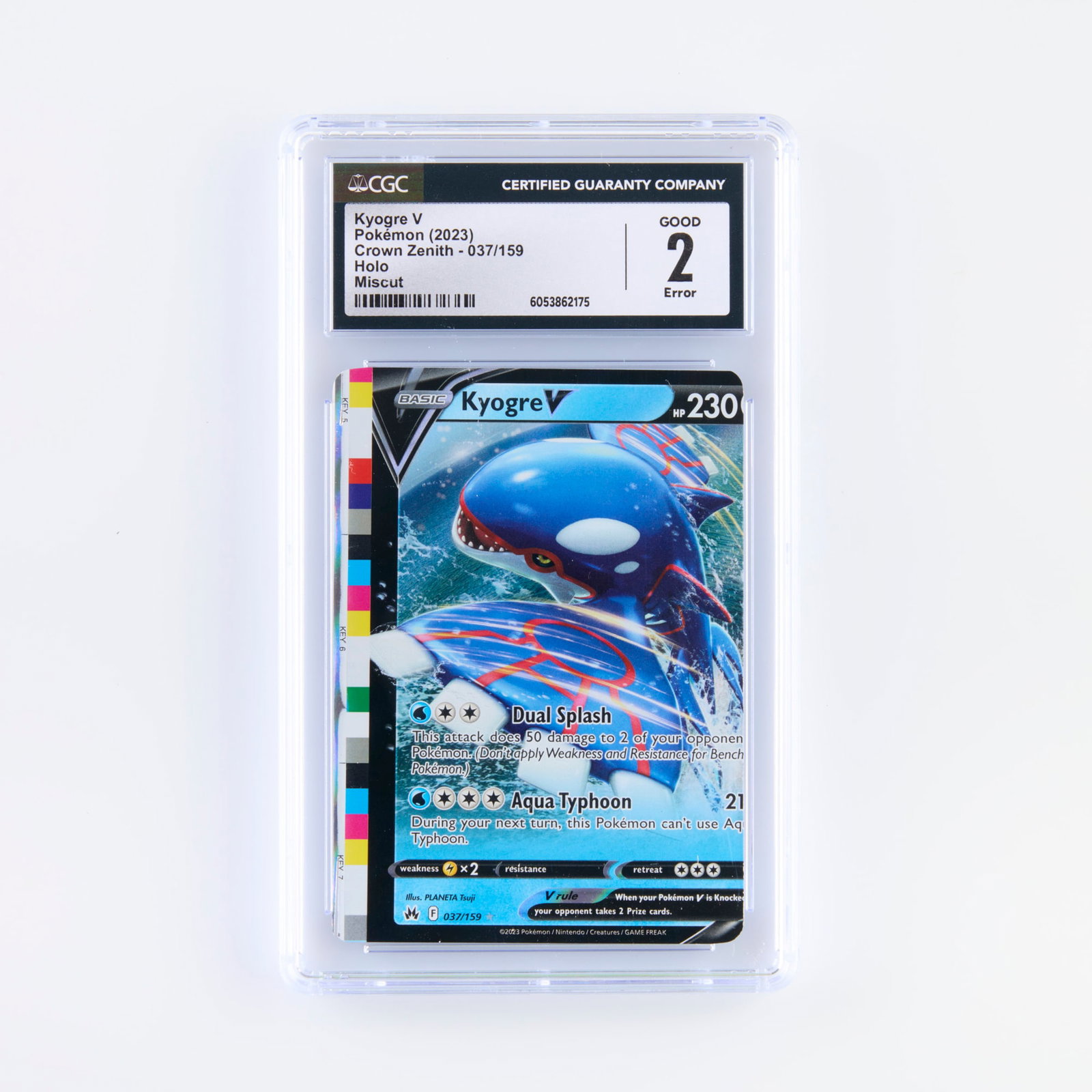 2023 Pokemon Crown Zenith 037/159 Kyogre V Holo Miscut Error Trading Card CGC 2: 2023 Pokemon Crown Zenith 037/159 Kyogre V Holo Miscut Error Trading Card CGC 2 USA, 2023 CGC#: 6053862175 Population: 1 in 2; 1,930 higher