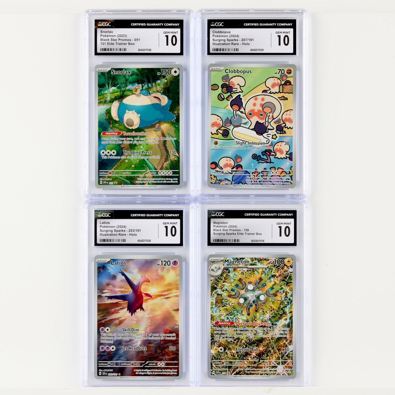 Four 2023-24 Pokemon Illustration Rare CGC 10 Trading Card Group: Four 2023-24 Pokemon Illustration Rare CGC 10 Trading Card Group USA, 2023-24 2023 Pokemon Black Star Promos 051 Snorlax 151 Elite Trainer Box Trading Card CGC 10 CGC#: 6042217036