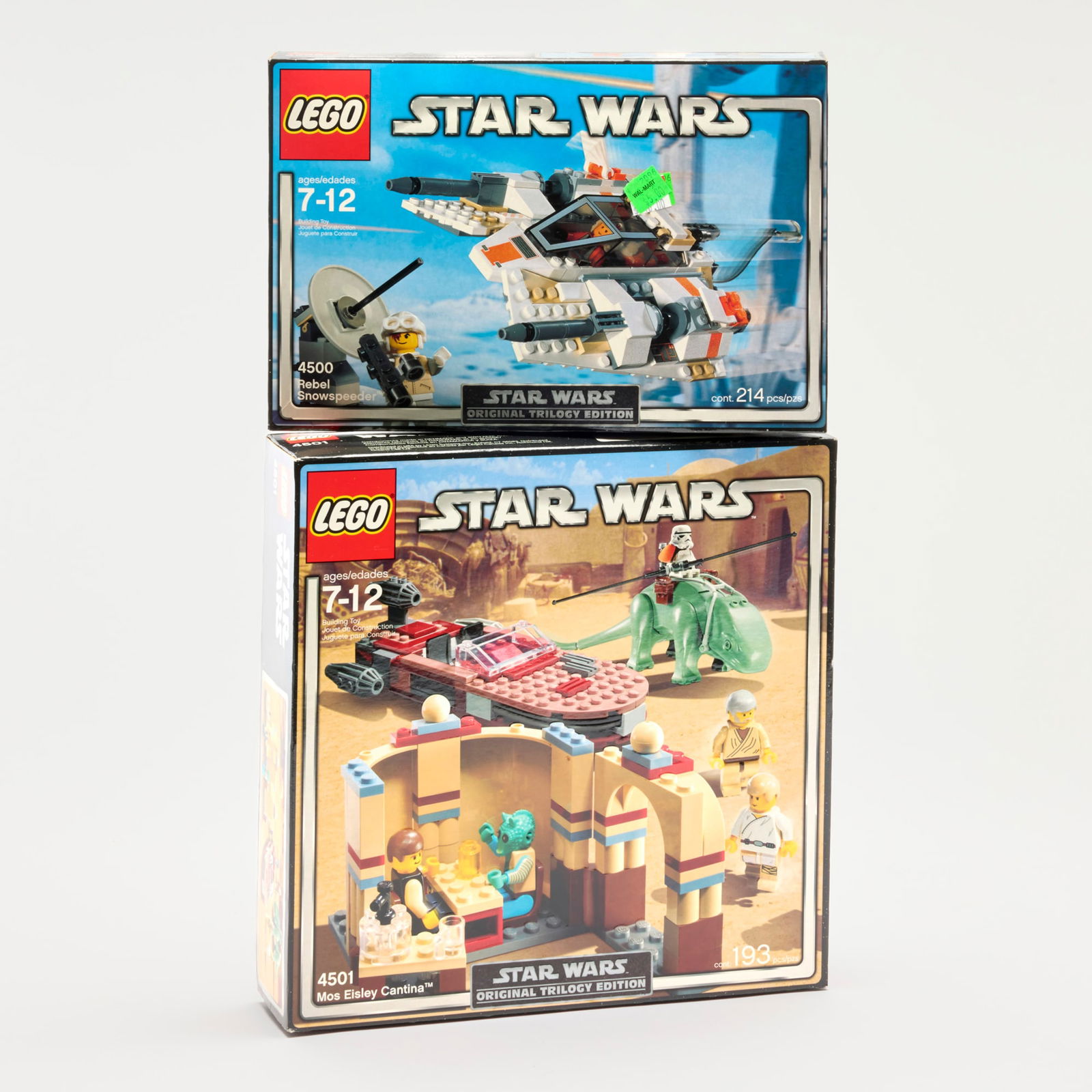 2PC 2004 LEGO Star Wars Rebel Snowspeeder 4500 & Mos Eisley Cantina 4501 Original Trilogy Edition: 2PC 2004 LEGO Star Wars Rebel Snowspeeder 4500 Original Trilogy Edition and Mos Eisley Cantina 4501 Original Trilogy Edition Group Factory Sealed USA, 2004 11.5 h x 7.5 w x 2.5 d in (29 x 19 x 6 cm) 1
