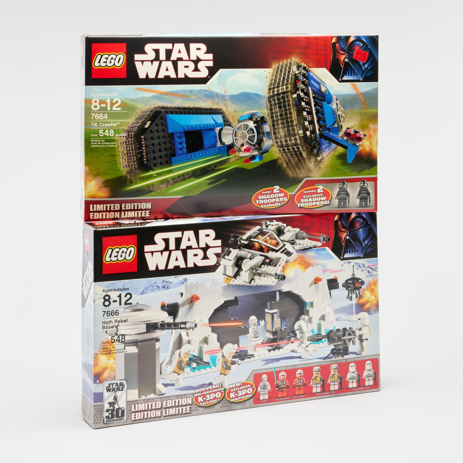 2PC 2007 LEGO Star Wars TIE Crawler 7664 Limited Edition and 7666 Hoth Rebel Base Limited Edition: 2PC 2007 LEGO Star Wars TIE Crawler 7664 Limited Edition and 7666 Hoth Rebel Base Limited Edition Group Factory Sealed USA, 2007 19 h x 11.5 w x 2.5 d in (48 x 29 x 6 cm) Factory Sealed group contains