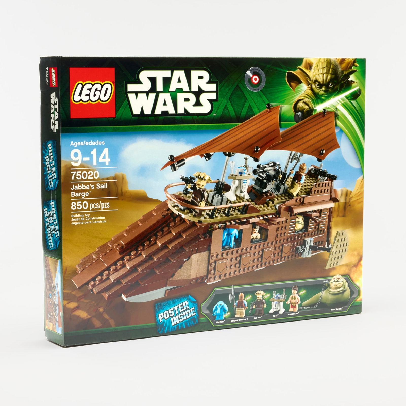 2013 LEGO Star Wars Jabba's Sail Barge 75020 Factory Sealed: 2013 LEGO Star Wars Jabba's Sail Barge 75020 Factory Sealed USA, 2013 19 h x 15 w x 2.5 d in (48 x 38 x 6 cm) Set contains 850 pieces and six mini figures: Weequay Skiff Guard, Ree-Yees, R2-D2, Prince