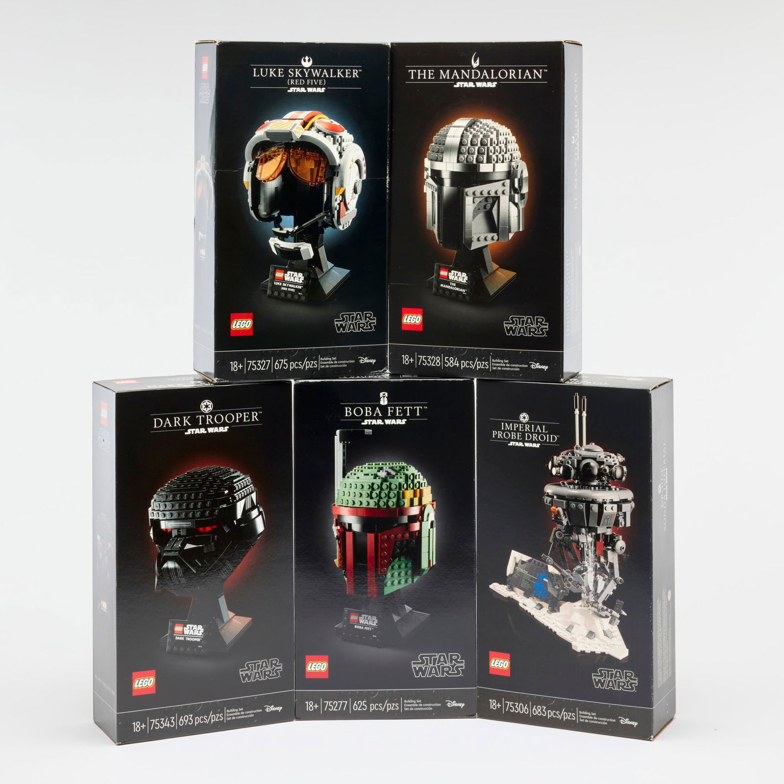5PC 2020-22 LEGO Star Wars Helmet Group Factory Sealed: 5PC 2020-22 LEGO Star Wars Helmet Group Factory Sealed USA, 2020-22 Factory Sealed group contains:2020 Boba Fett 75277 (625 pieces)2021 Imperial Probe Droid 75306 (683 pieces)2022 Luke Skywalker (Red
