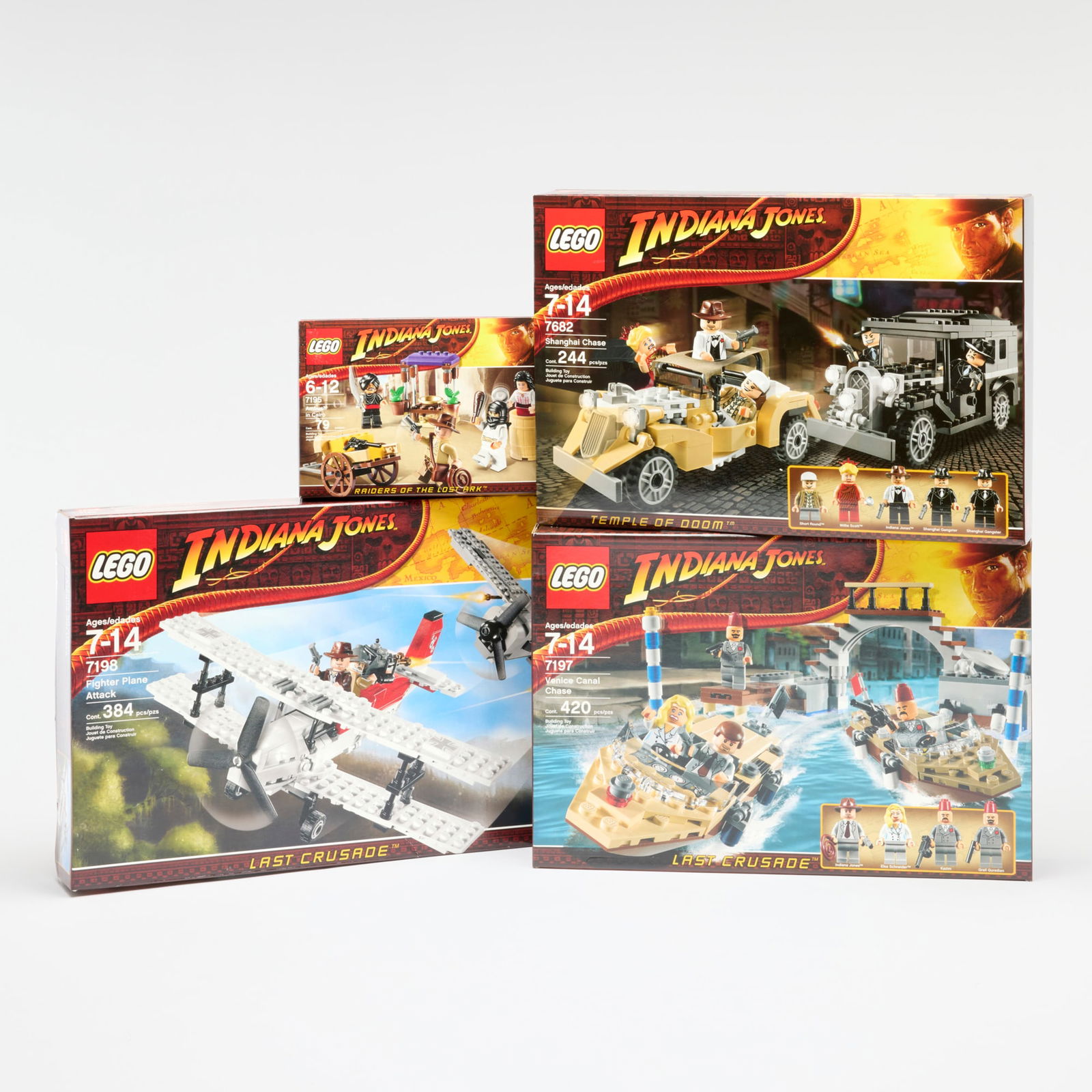 4PC 2009 LEGO Indiana Jones Group Factory Sealed: 4PC 2009 LEGO Indiana Jones Group Factory Sealed USA, 2009 Factory Sealed group contains:2009 Raiders of the Lost Ark Ambush in Cairo 7195 (79 pieces with four mini figures: Indiana Jones, Marion Rave