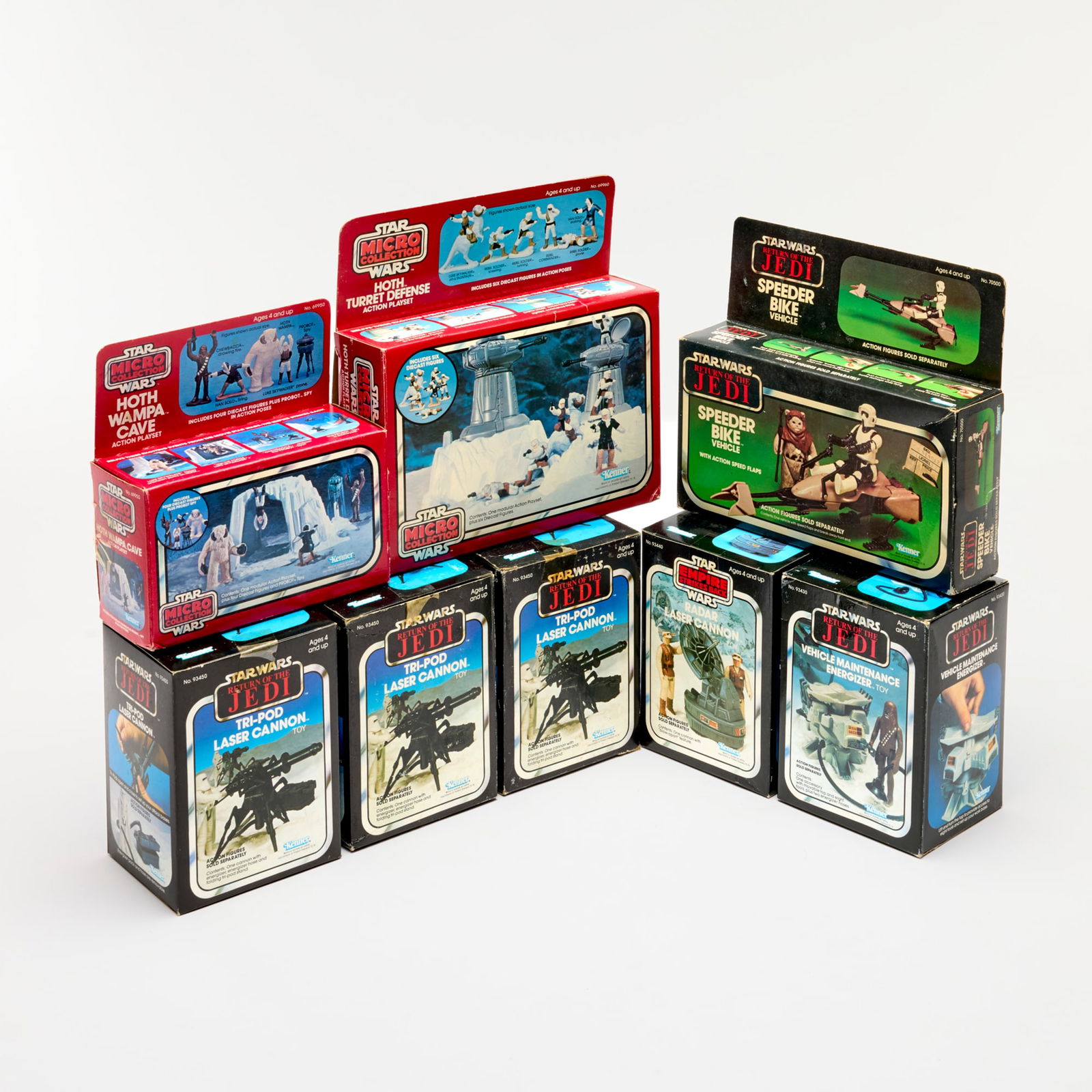 8PC 1982-83 Kenner Star Wars Group Factory Sealed: 8PC 1982-83 Kenner Star Wars Group Factory Sealed USA, 1982-83 Factory Sealed group includes: 1982 Micro Collection: Hoth Turret Defense Action Playset (Luke Skywalker on a Tauntaun/Rebel Soldier knee