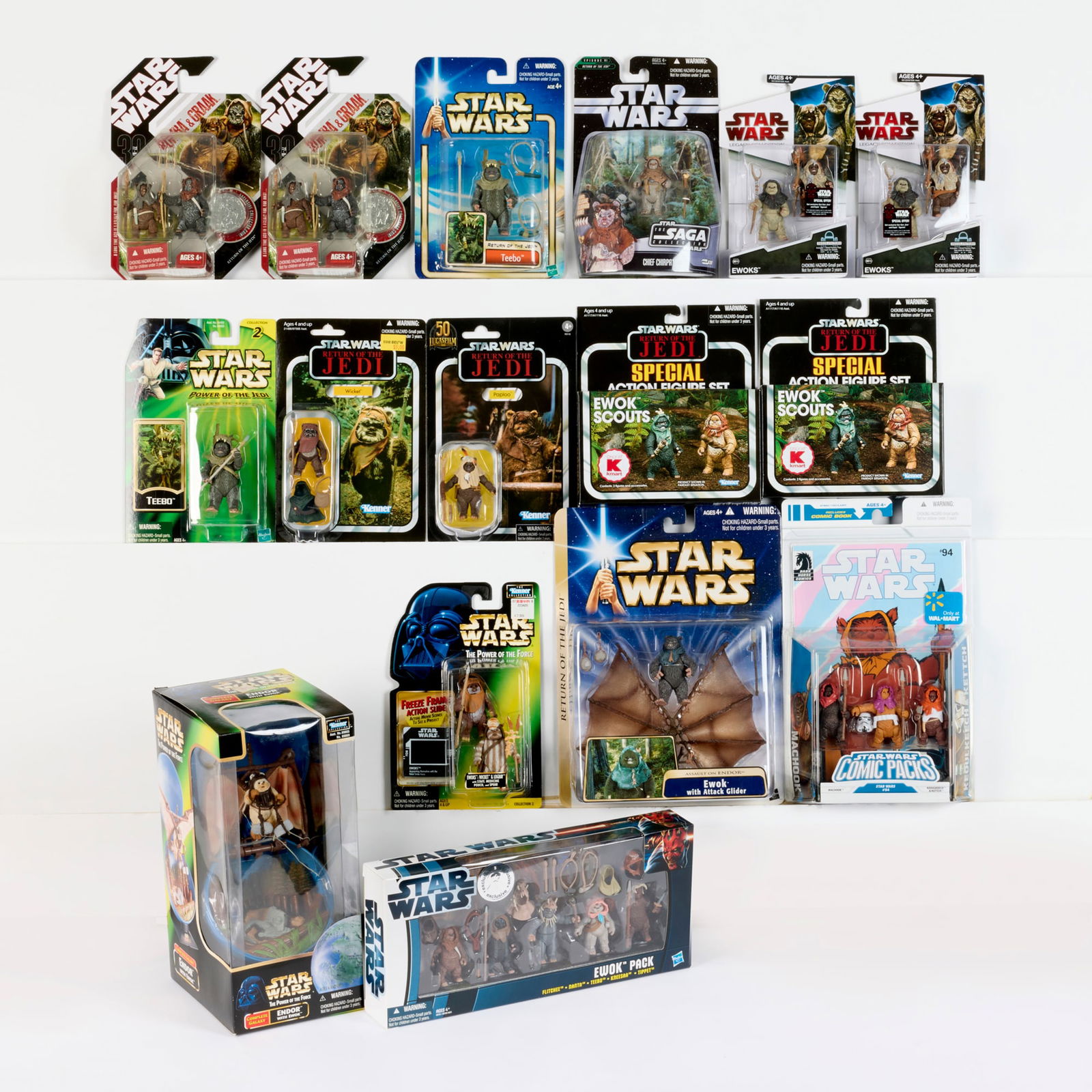 16PC 1997-2021 Kenner and Hasbro Star Wars Ewok Related Group Factory Sealed: 16PC 1997-2021 Kenner and Hasbro Star Wars Ewok Related Group Factory Sealed USA, 1997-2021 Factory Sealed group includes: 1997 POTF2 Collection 2 Freeze Frame Ewoks: Wicket & Logray with Staff, Medic