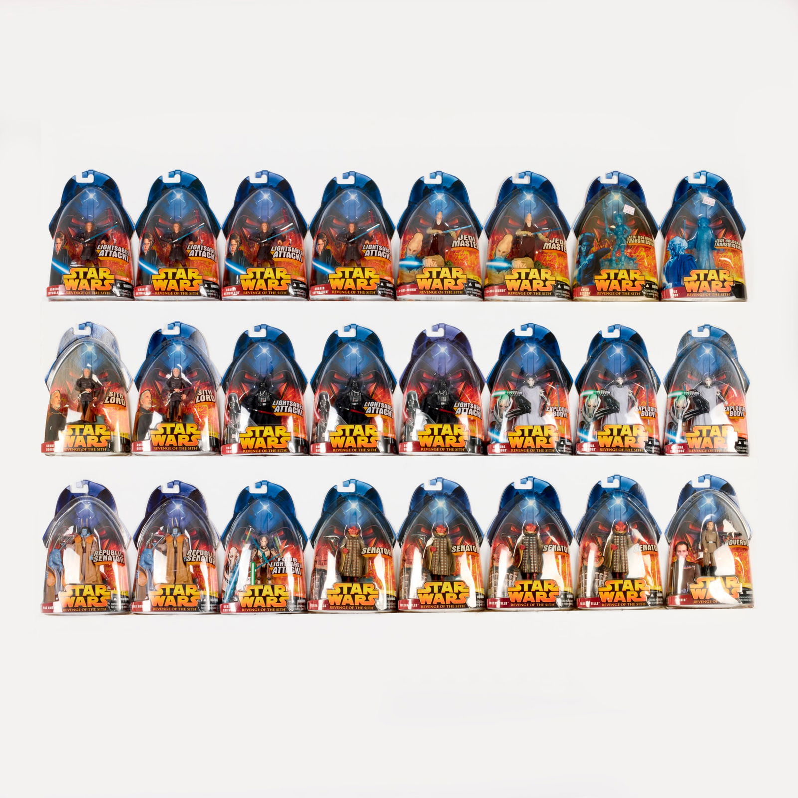 24PC 2005 Hasbro Star Wars Revenge of the Sith Group Factory Sealed: 24PC 2005 Hasbro Star Wars Revenge of the Sith Group Factory Sealed USA, 2005 9 h x 6 w x 1.5 d in (23 x 15 x 4 cm) Factory Sealed group includes: #2 Anakin Skywalker (Lightsaber Attack)(x4), #9 Gener