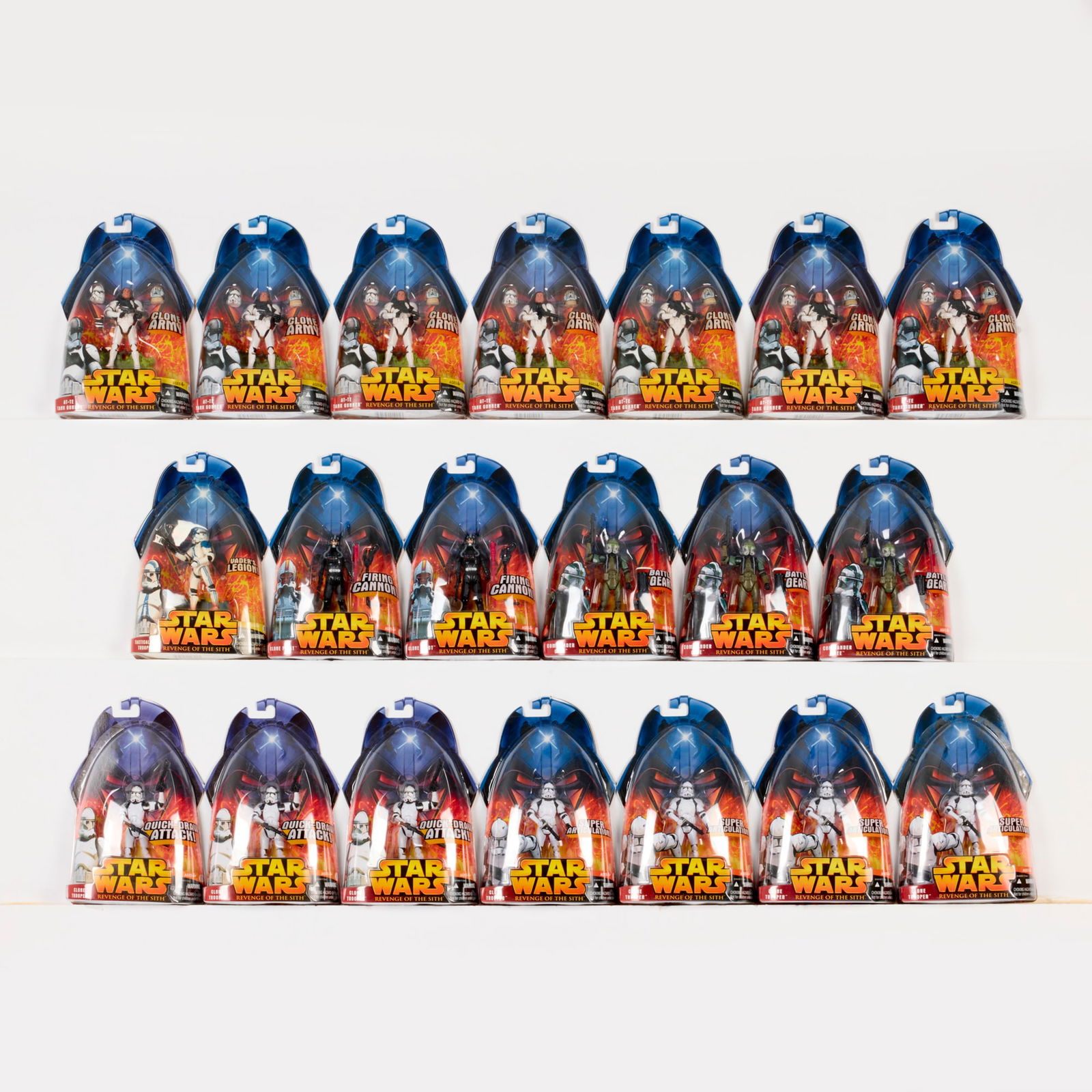 20PC 2005 Hasbro Star Wars Revenge of the Sith Clone Trooper Group Factory Sealed: 20PC 2005 Hasbro Star Wars Revenge of the Sith Clone Trooper Group Factory Sealed USA, 2005 9 h x 6 w x 1.75 d in (23 x 15 x 4 cm) 2005 Revenge of the Sith Factory Sealed group includes: #6 Clone Troo