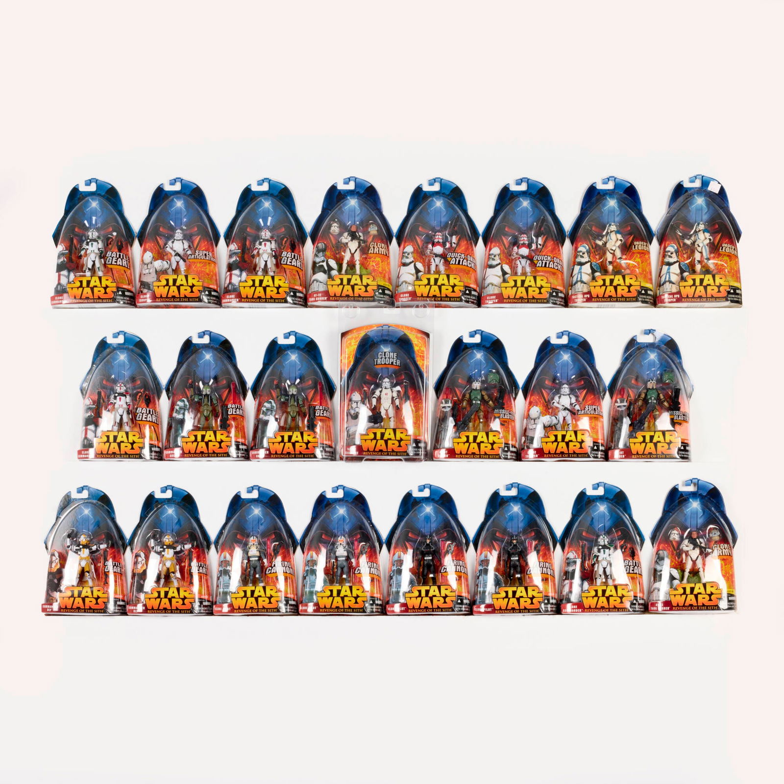 23PC 2005 Hasbro Star Wars Revenge of the Sith Clone Group Factory Sealed: 23PC 2005 Hasbro Star Wars Revenge of the Sith Clone Group Factory Sealed USA, 2005 2005 Revenge of the Sith Factory Sealed group includes: #6 Clone Trooper (Quick-Draw Attack)(x2), #33 Clone Commande