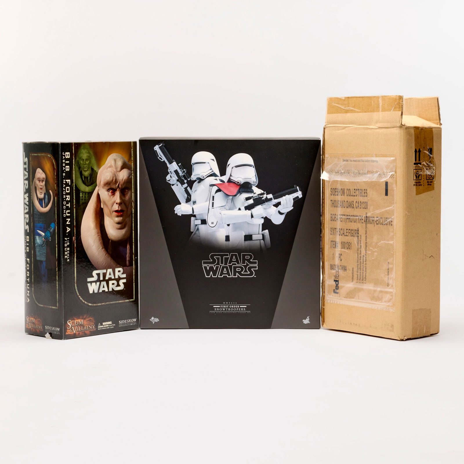 3PC 2006-16 Sideshow and Hot Toys Star Wars 1/6th Scale Group: 3PC 2006-16 Sideshow and Hot Toys Star Wars 1/6th Scale Group USA, 2006-16 Group includes: 2006 Sideshow Scum & Villainy Bib Fortuna Jabba's Major-Domo 1:6 Scale Figure, 2014 Sideshow Boba Fett Protot