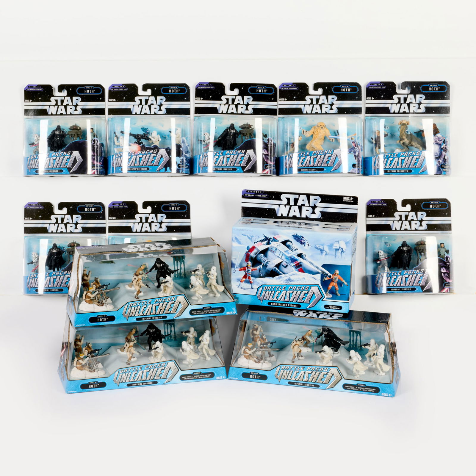 12PC 2006-07 Hasbro Star Wars Unleashed Battle of Hoth Battle Pack Group Factory Sealed: 12PC 2006-07 Hasbro Star Wars Unleashed Battle of Hoth Battle Pack Group Factory Sealed USA, 2006-07 Unleashed Battle of Hoth Factory Sealed group includes: 2006: Imperial Encounter Battle Pack (Han S