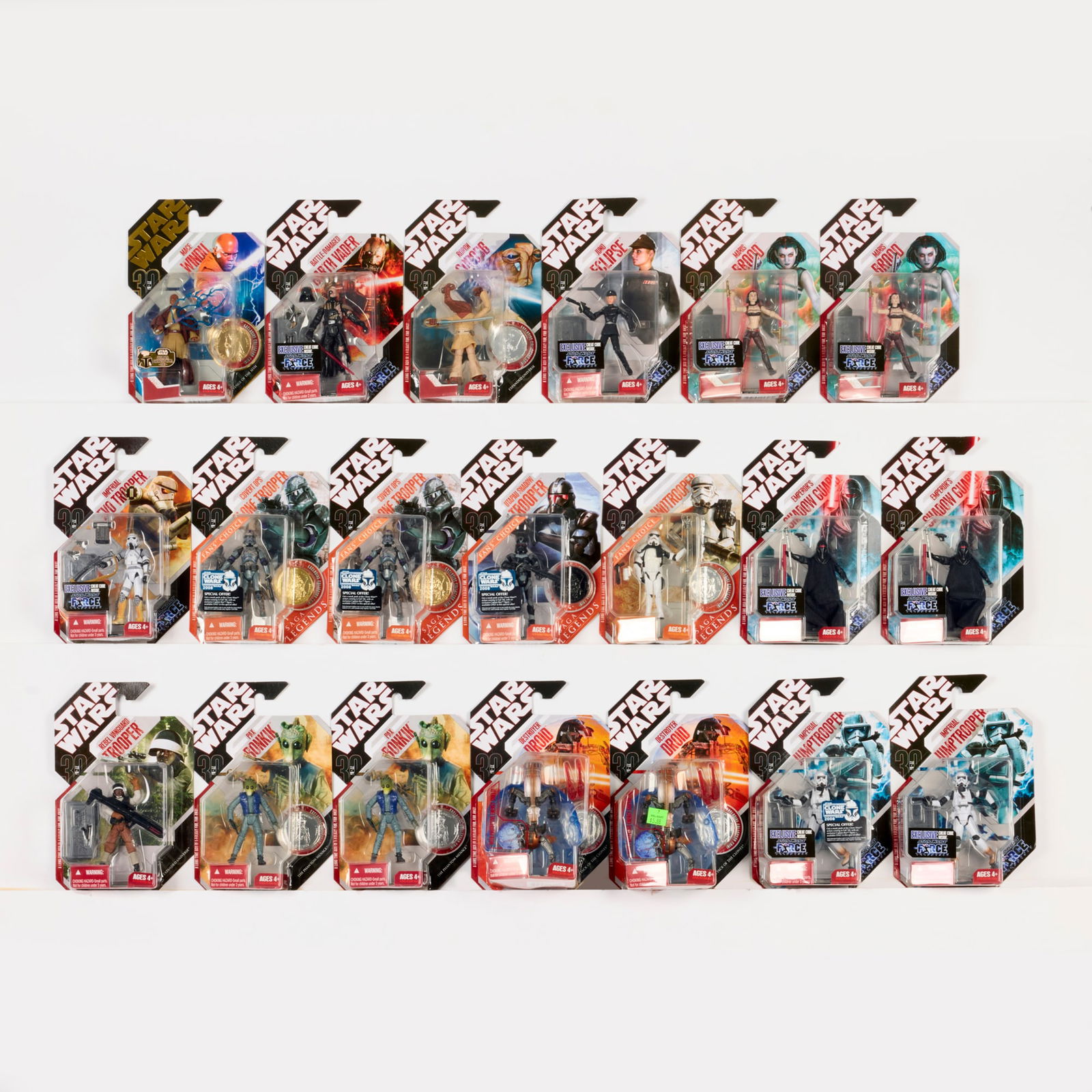 20PC 2006-07 Hasbro Star Wars 30th Anniversary Collection Group Factory Sealed: 20PC 2006-07 Hasbro Star Wars 30th Anniversary Collection Group Factory Sealed USA, 2006-07 30th Anniversary Collection Factory Sealed group includes: 2006 #6 Mace Windu (Ultimate Galactic Hunt); 2007