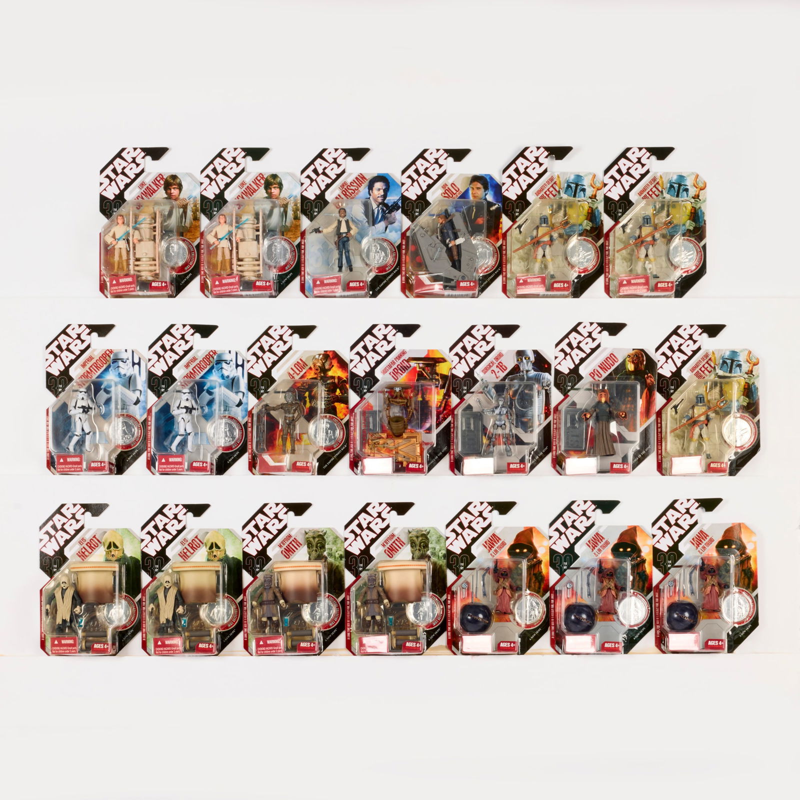 20PC 2007 Hasbro Star Wars 30th Anniversary Collection Group Factory Sealed: 20PC 2007 Hasbro Star Wars 30th Anniversary Collection Group Factory Sealed USA, 2007 9 h x 6 w x 2 d in (23 x 15 x 5 cm) 2007 30th Anniversary Collection Factory Sealed group includes: #6 2-1B Surgic