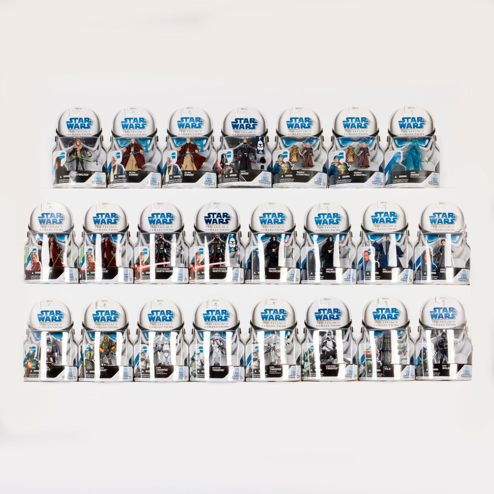 23PC 2008-09 Star Wars The Legacy Collection Group Factory Sealed: 23PC 2008-09 Star Wars The Legacy Collection Group Factory Sealed USA, 2008-09 9 h x 6 w x 2 d in (23 x 15 x 5 cm) Factory Sealed group includes: 2008 The Legacy Collection: BD2 Luke Skywalker, BD7 Ba