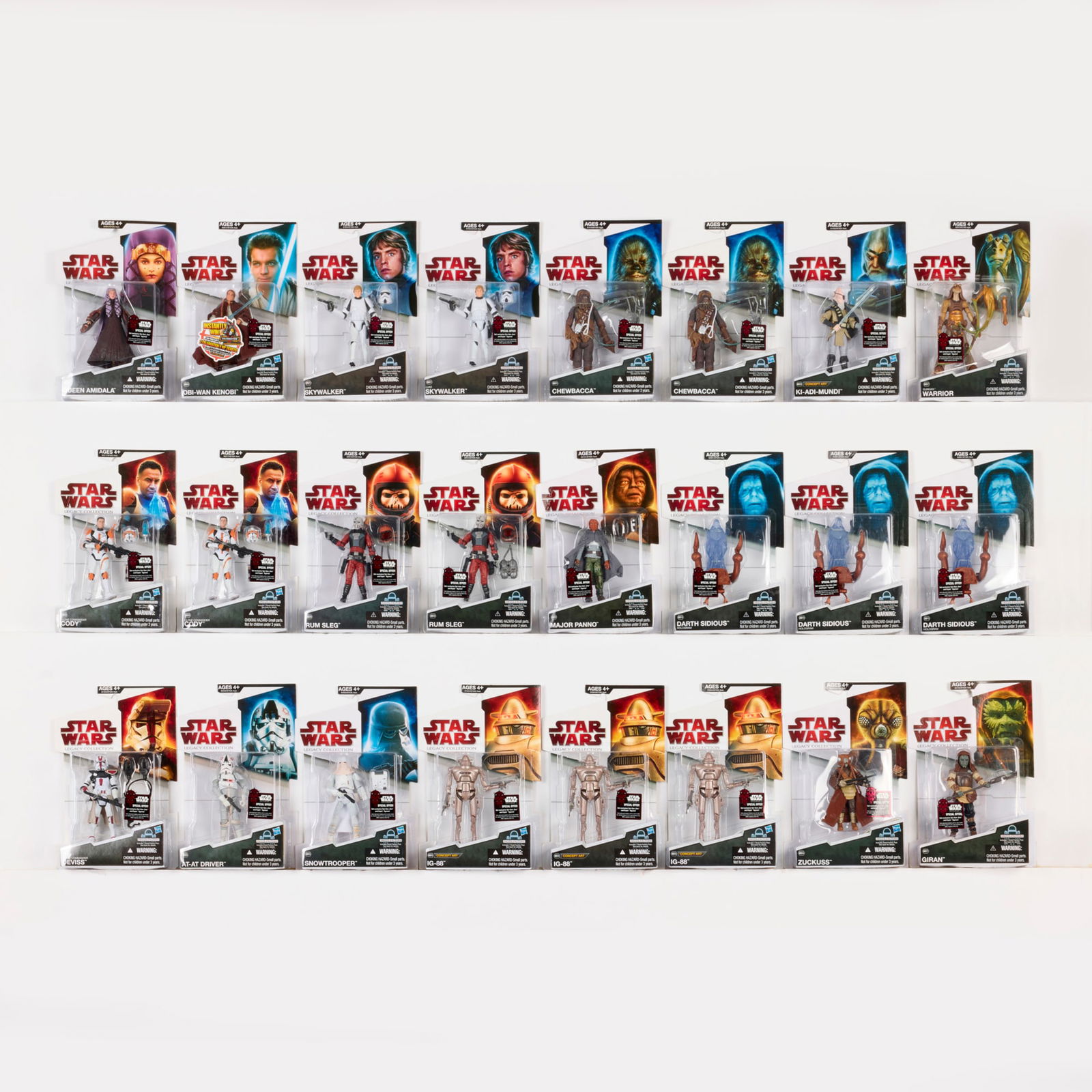 24PC 2009 Hasbro Star Wars Legacy Collection Group Factory Sealed: 24PC 2009 Hasbro Star Wars Legacy Collection Group Factory Sealed USA, 2009 5.5 h x 8.25 w x 1.75 d in (14 x 21 x 4 cm) Factory Sealed group includes: 2009 Legacy Collection: BD01 Luke Skywalker (x2),