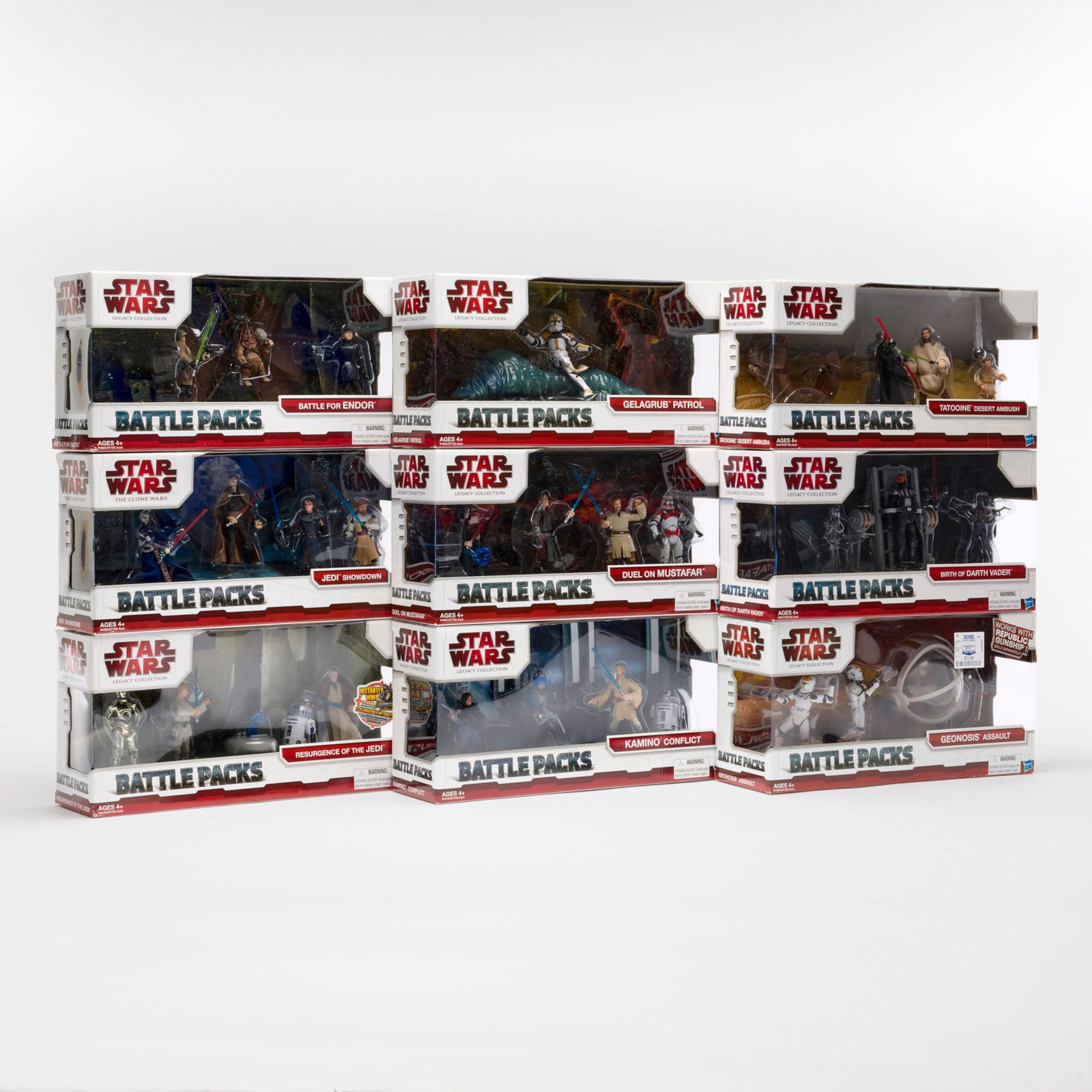 9PC 2009-10 Hasbro Star Wars The Legacy Collection Battle Pack Group Factory Sealed: 9PC 2009-10 Hasbro Star Wars The Legacy Collection Battle Pack Group Factory Sealed USA, 2009-10 14 h x 7 w x 4 d in (36 x 18 x 10 cm) Factory Sealed group includes: 2009 The Legacy Collection: Battle