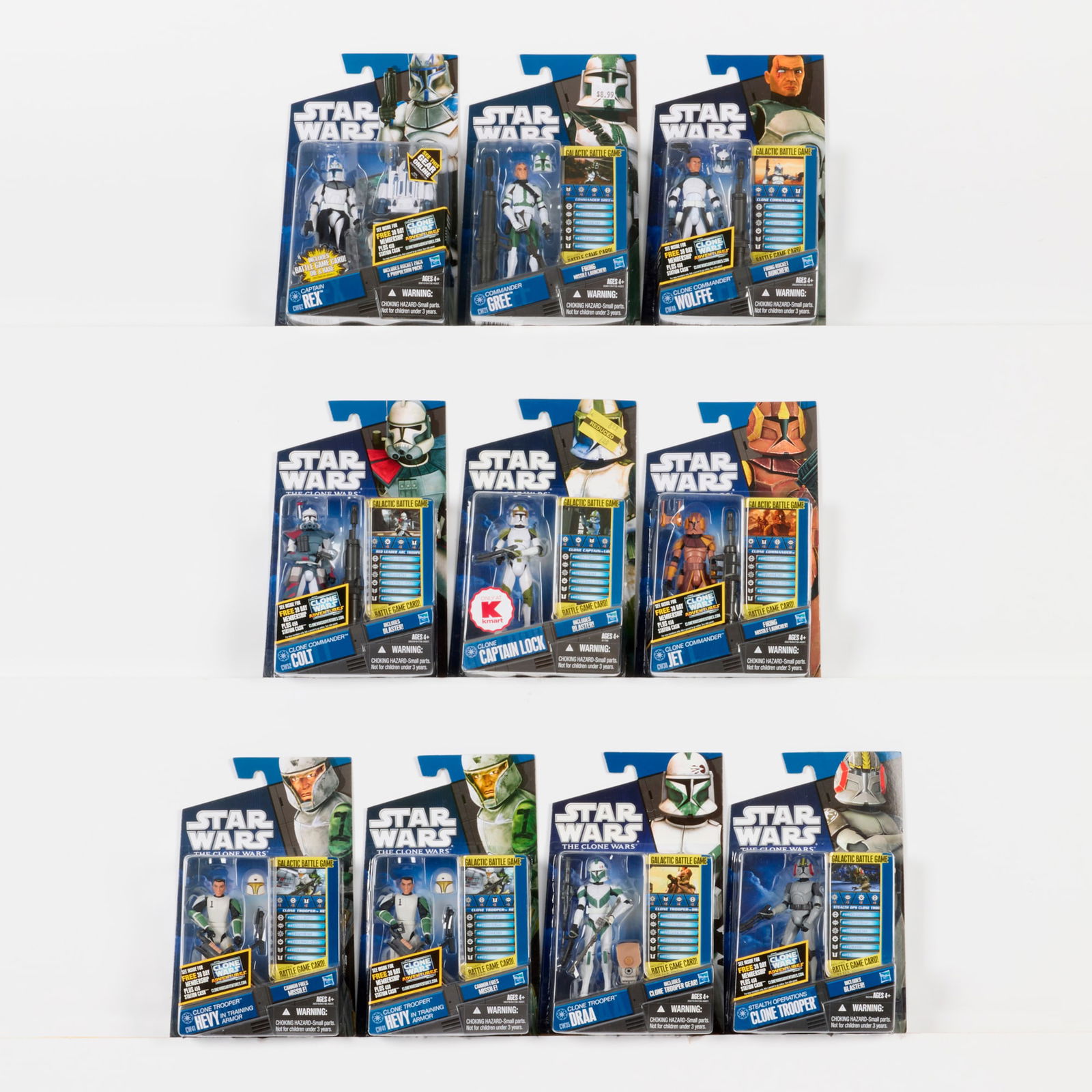 10PC 2010-11 Hasbro Star Wars The Clone Wars Clone Trooper Group Factory Sealed: 10PC 2010-11 Hasbro Star Wars The Clone Wars Clone Trooper Group Factory Sealed USA, 2010-11 Factory Sealed group includes: 2010 CW21 Commander Gree, 2010 CW35 Clone Trooper Draa, 2010 CW38 Clone Comm