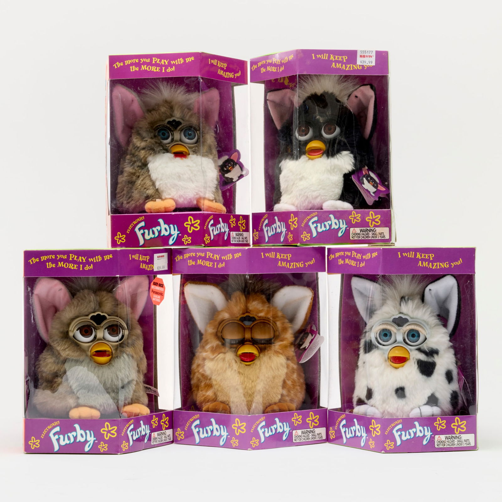 5PC 1998 Tiger Electronics Furby Group Factory Sealed: 5PC 1998 Tiger Electronics Furby Group Factory Sealed USA, 1998 6.5 h x 6.5 w x 8 d in (17 x 17 x 20 cm) 1998 Factory Sealed group includes:Generation 1: Church Mouse, Skunk, Wolf, Generation 2: Dalma