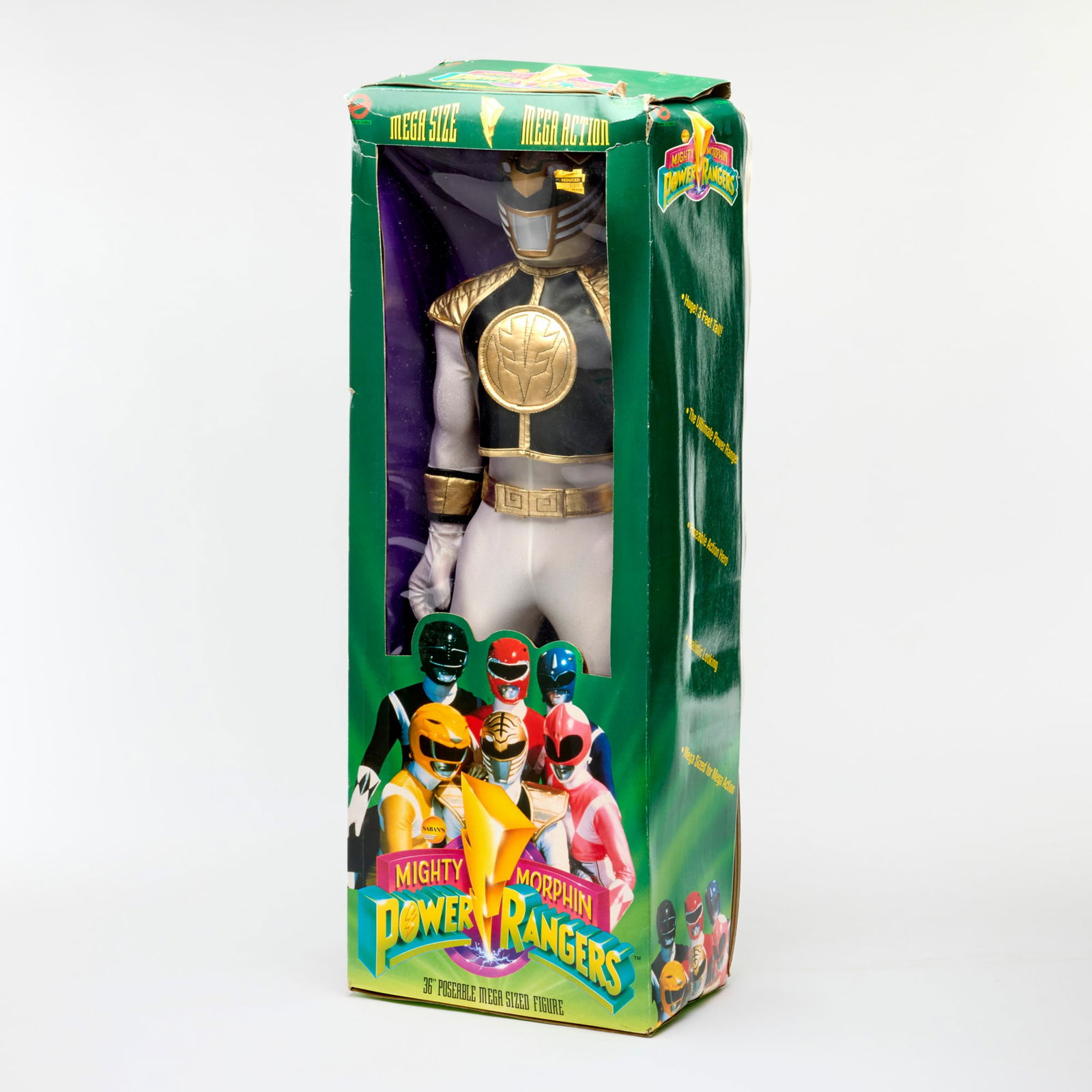 1994 Toymakers Mighty Morphin Power Rangers 36 Inch Mega Sized White Ranger 7107 Factory Sealed: 1994 Toymakers Mighty Morphin Power Rangers 36 Inch Mega Sized White Ranger 7107 Factory Sealed USA, 1994 37 h x 14 w x 8 d in (94 x 36 x 20 cm) Contains mega size 3 feet tall White Ranger. Condition