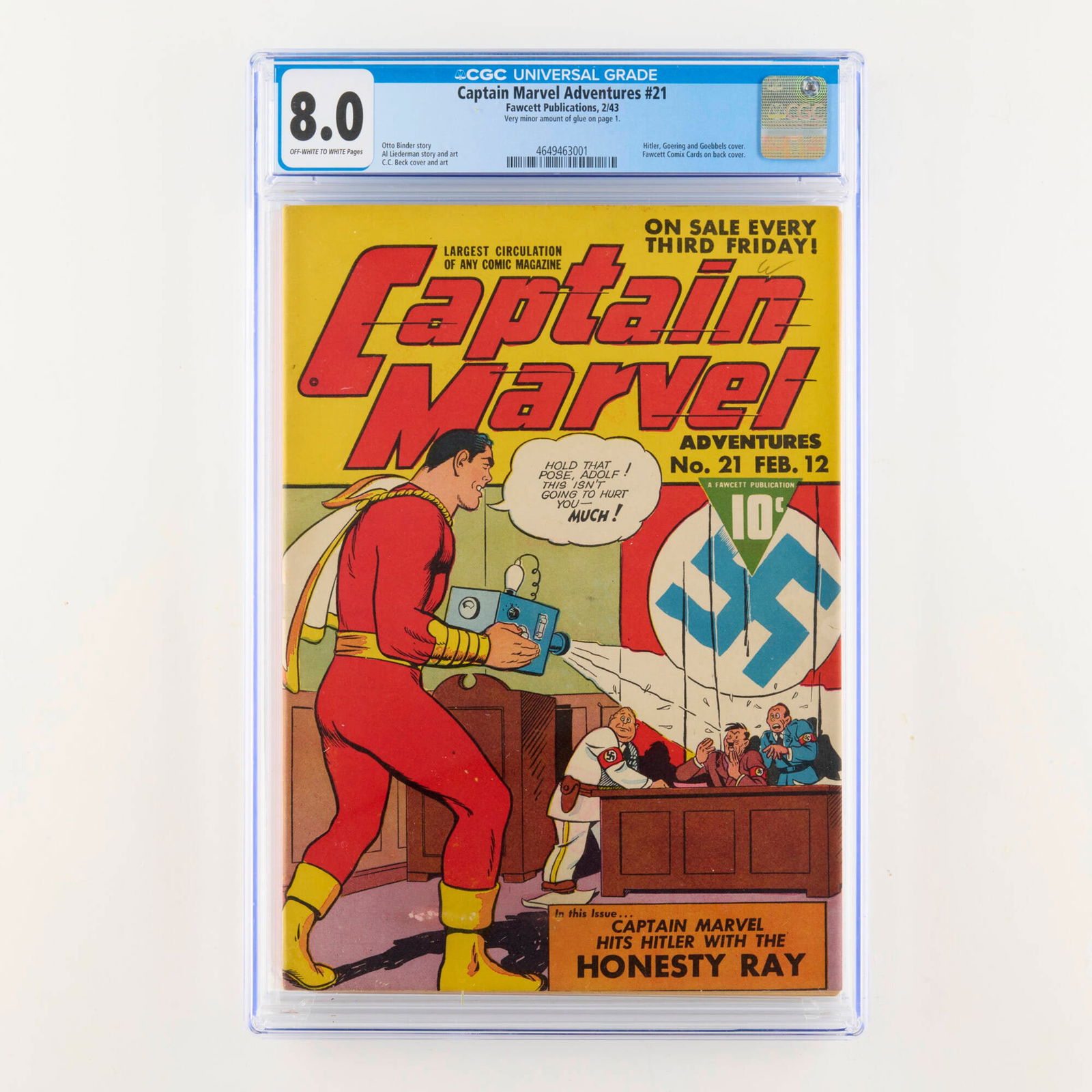 Fawcett Publications Captain Marvel Adventures #21 CGC 8.0: Fawcett Publications Captain Marvel Adventures #21 CGC 8.0 USA, 1943 Captain Marvel Adventures #21 features a striking and historically significant cover depicting Hitler, Goring, and Goebbels,