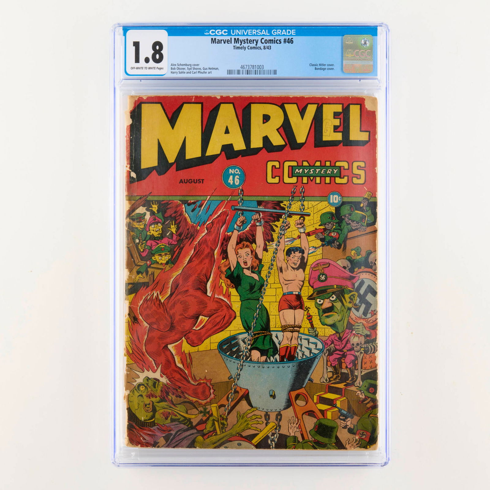 Timely Comics Marvel Mystery Comics #46 CGC 1.8: Timely Comics Marvel Mystery Comics #46 CGC 1.8 USA, 1943 Marvel Mystery Comics #42 features a classic Alex Schomburg Hitler bondage cover, one of the most iconic and provocative images of the