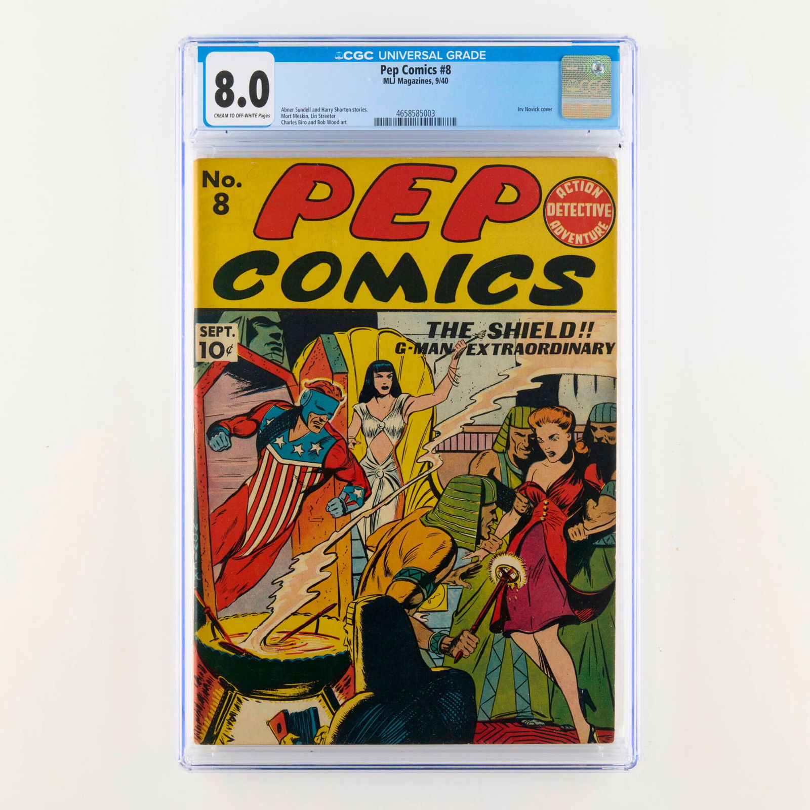 MLJ Magazines Pep Comics #8 CGC 8.0: MLJ Magazines Pep Comics #8 CGC 8.0 USA, 1940 Pep Comics #8 features a striking Irv Novick cover, with stories by Abner Sundell and Harry Shorten, and interior art by Mort Meskin, Lin Streeter,
