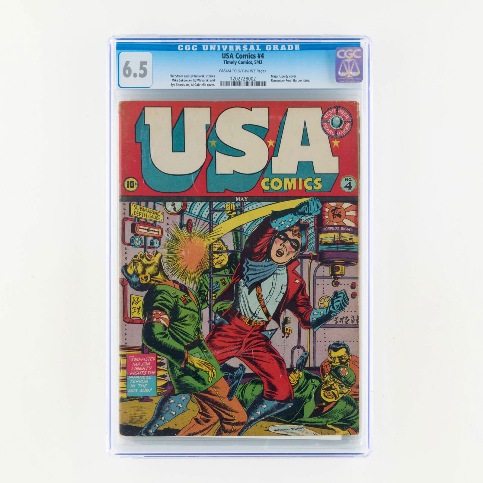 Timely Comics USA Comics #4 CGC 6.5: Timely Comics USA Comics #4 CGC 6.5 USA, 1942 USA Comics #4 is a "Remember Pearl Harbor" wartime issue, featuring a striking Major Liberty cover by Al Gabrielle that reflects the patriotic urgency