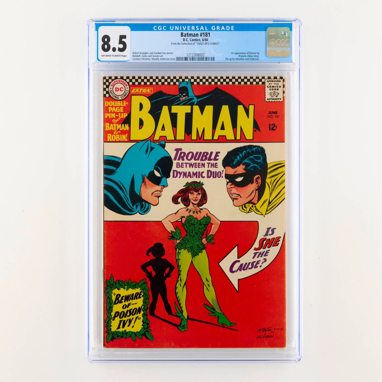 DC Comics Batman #181 CGC 8.5: DC Comics Batman #181 CGC 8.5 USA, 1966 Batman #181 features the first appearance of Poison Ivy (Pamela Lillian Isley), introducing one of Batman's most iconic and enduring villains. The issue include