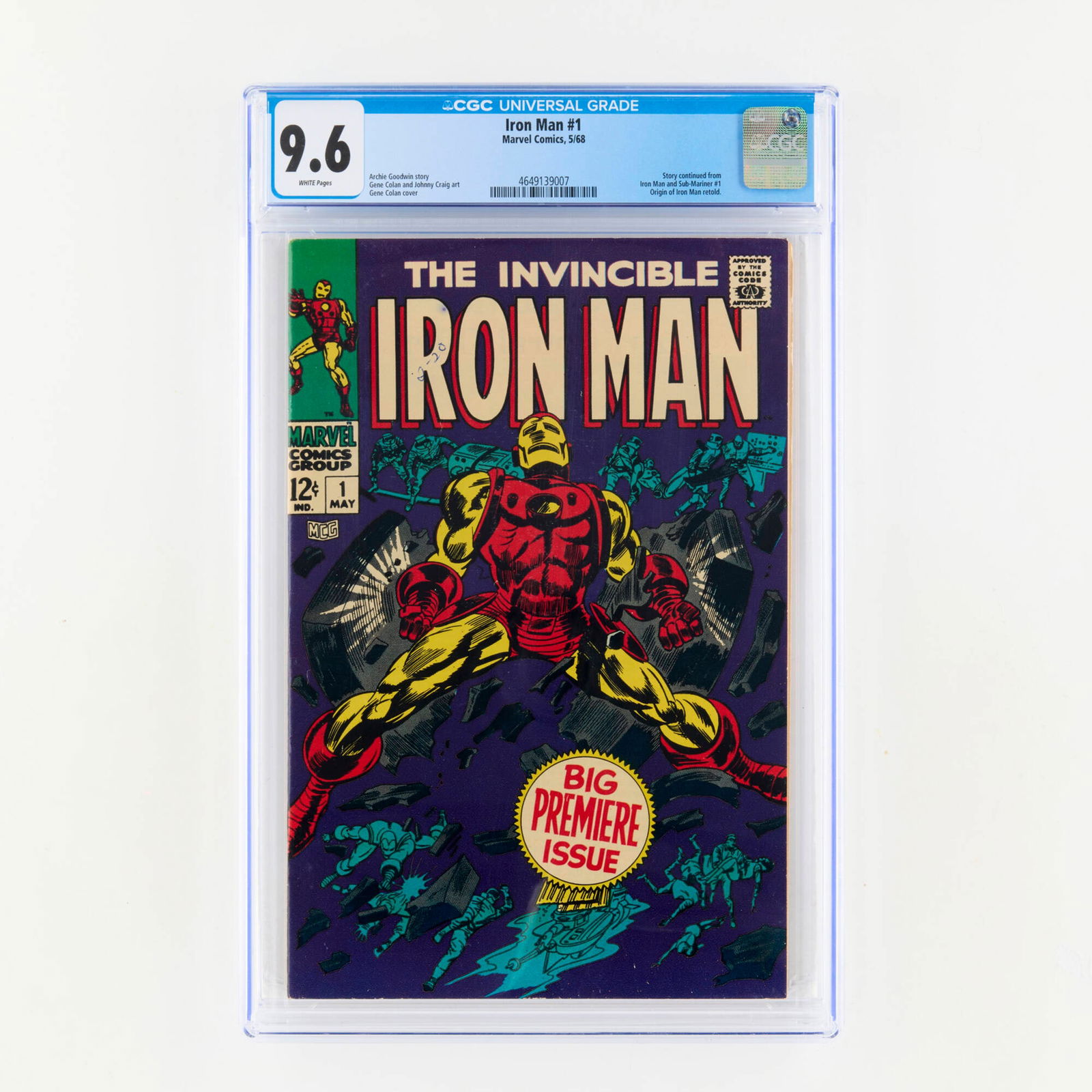 Marvel Comics Iron Man #1 CGC 9.6: Marvel Comics Iron Man #1 CGC 9.6 USA, 1968 Iron Man #1 continues the story from Iron Man and Sub-Mariner #1 and retells the origin of Iron Man, formally launching the character into his own solo titl
