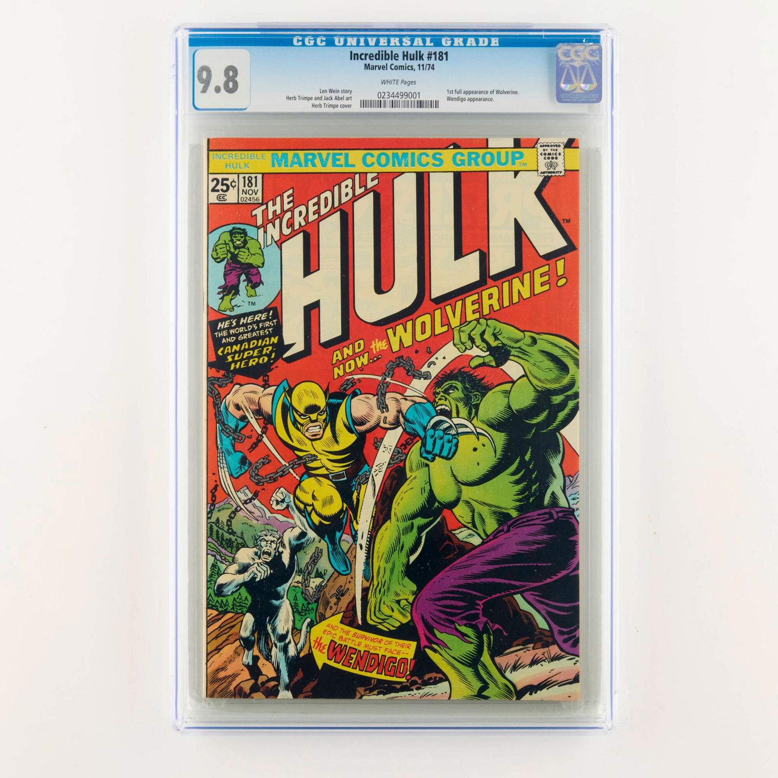 Marvel Comics Incredible Hulk #181 CGC 9.8: Marvel Comics Incredible Hulk #181 CGC 9.8 USA, 1974 Currently ranked #2 on Overstreet's list of the Top 25 Bronze Age Comics, Incredible Hulk #181 features the first full appearance of Wolverine, mar