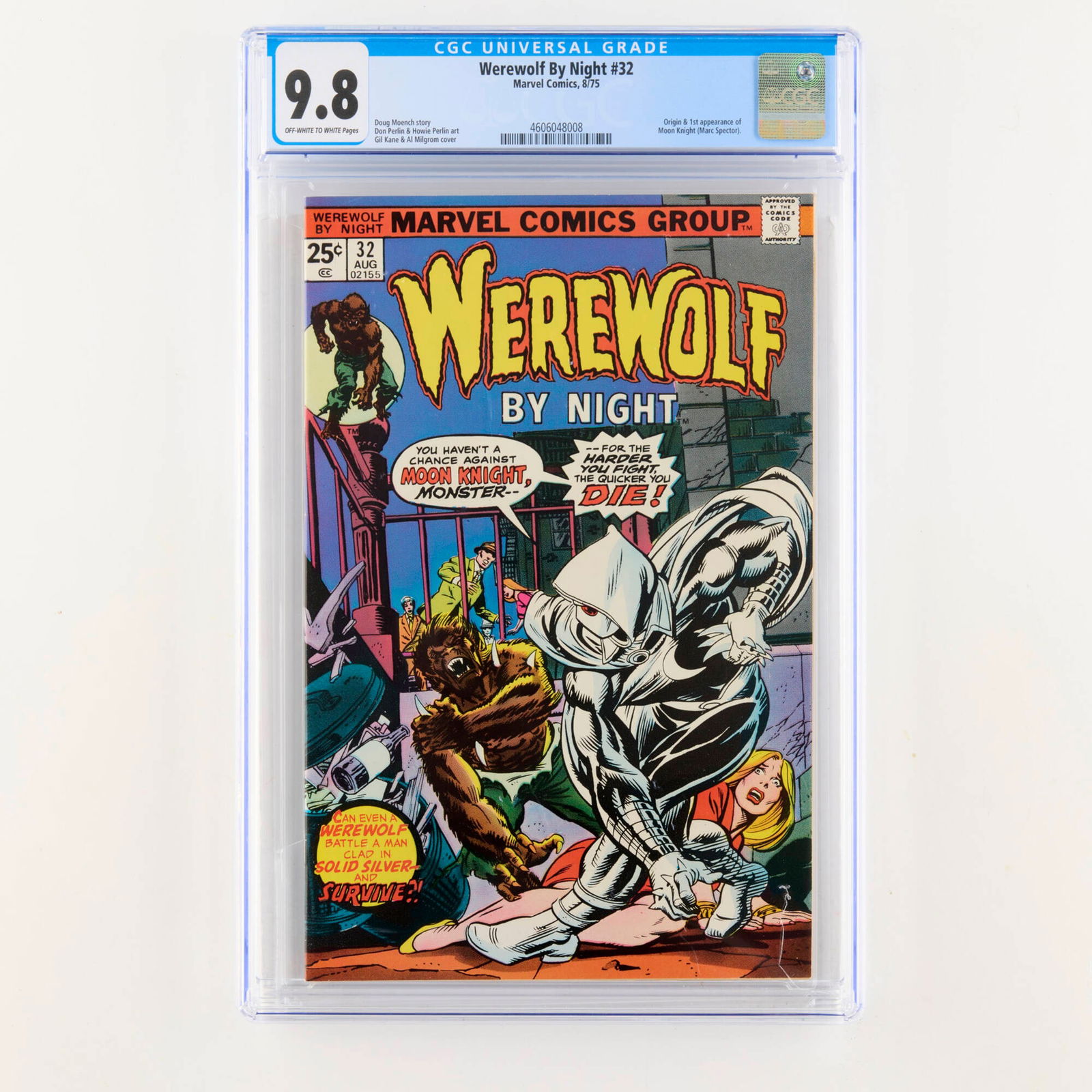 Marvel Comics Werewolf By Night #32 CGC 9.8: Marvel Comics Werewolf By Night #32 CGC 9.8 USA, 1975 Werewolf by Night #32 delivers the first appearance and origin of Moon Knight (Marc Spector), introducing one of Marvel's most complex and endurin
