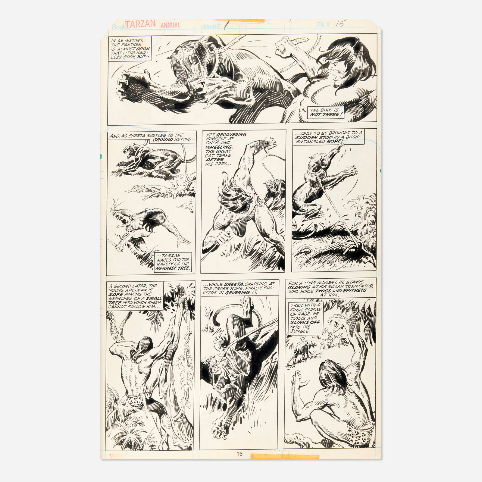 John Buscema and Steve Gan, Tarzan Annual #1 Story Page 15 Original Art (Marvel Comics, 1977): John Buscema and Steve Gan Tarzan Annual #1 Story Page 15 Original Art (Marvel Comics, 1977) pencil and ink on Bristol board, word balloons inked directly on board 16 h x 10.5 w in (41 x 27 cm) A fe