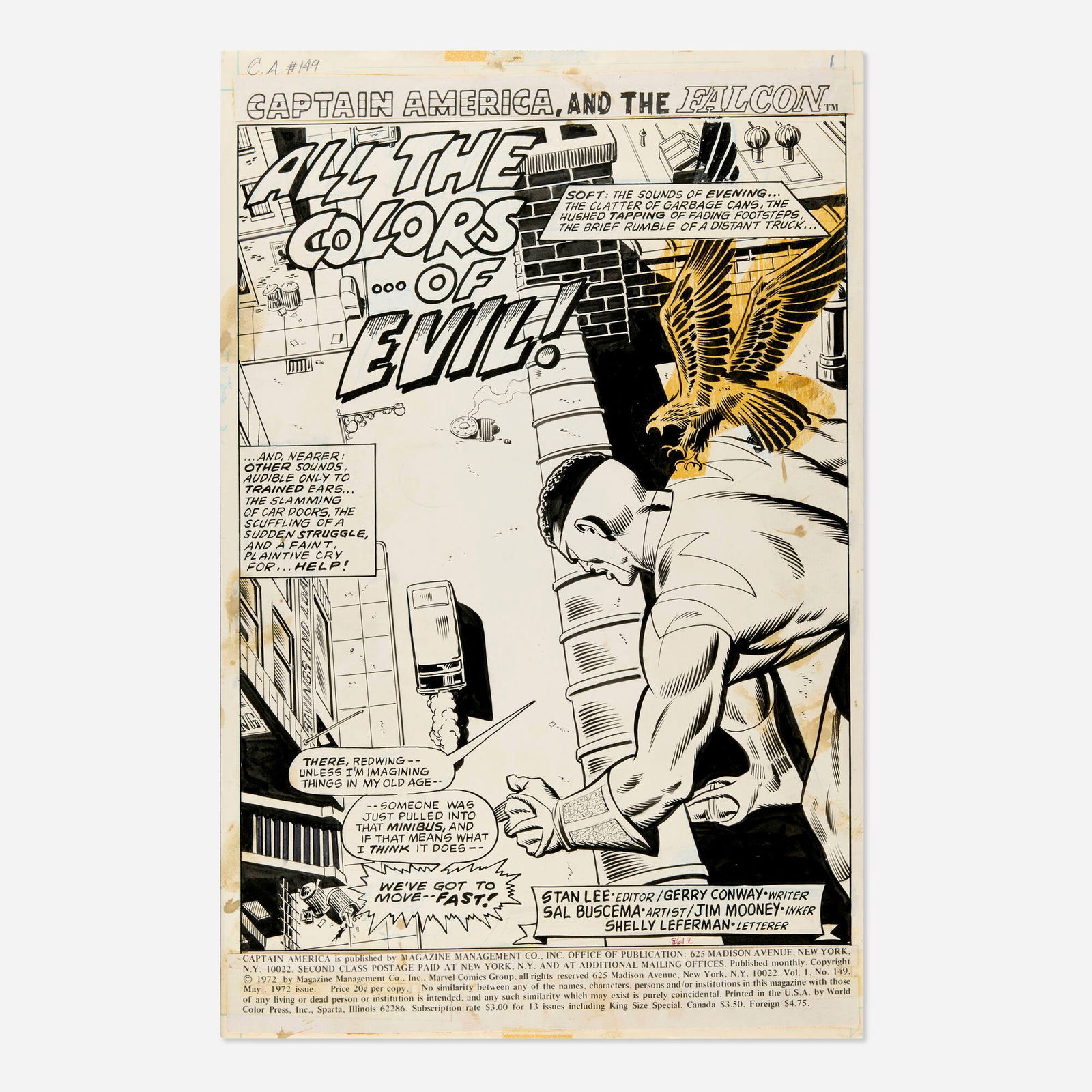 Sal Buscema and Jim Mooney, Captain America #149 Story Page #1 Original Art (Marvel Comics, 1972): Sal Buscema and Jim Mooney Captain America #149 Story Page #1 Original Art (Marvel Comics, 1972) pencil and ink on Bristol board, word balloons inked directly on board 16 h x 10.5 w in (41 x 27 cm)