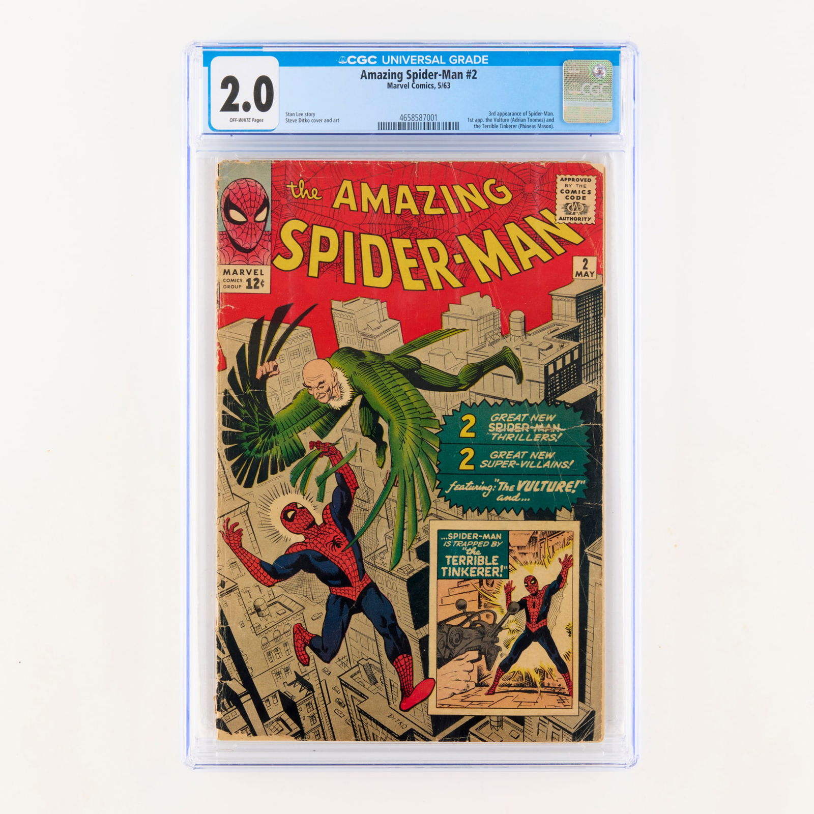 Marvel Comics Amazing Spider-Man #2 CGC 2.0: Marvel Comics Amazing Spider-Man #2 CGC 2.0 USA, 1963 A historic Silver Age masterpiece by Stan Lee and Steve Ditko introducing two major villains: The Vulture and the Terrible Tinkerer. This second i