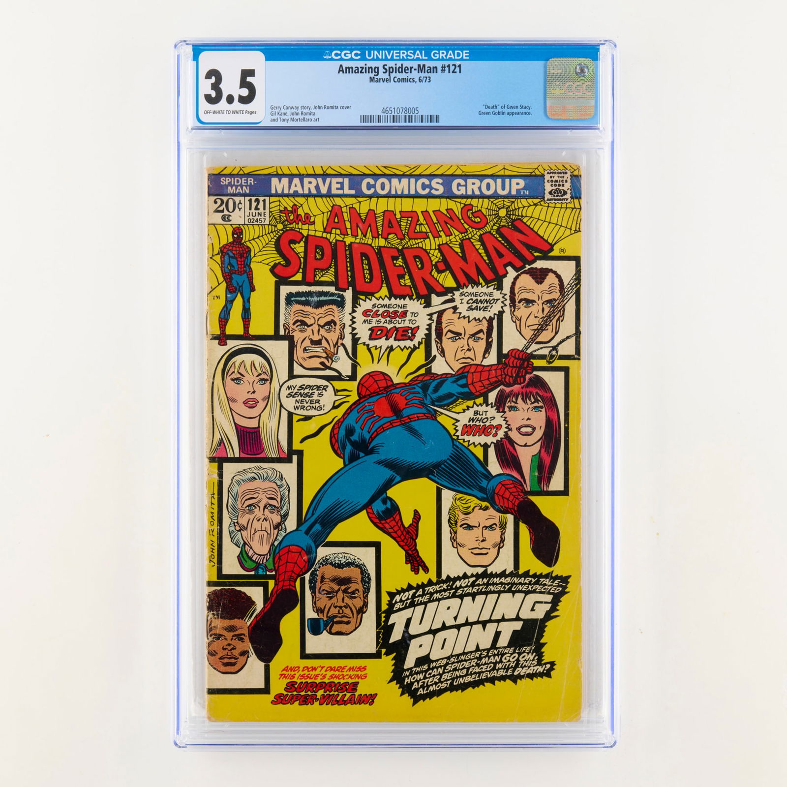 Marvel Comics Amazing Spider-Man #121 CGC 3.5: Marvel Comics Amazing Spider-Man #121 CGC 3.5 USA, 1973 Features the tragic death of Gwen Stacy, this Gerry Conway script remains one of the most influential stories ever published by Marvel. CGC#: