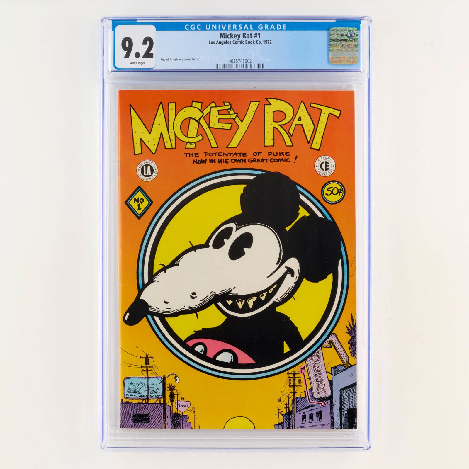 Los Angeles Comic Book Co Mickey Rat #1 CGC 9.2: Los Angeles Comic Book Co Mickey Rat #1 CGC 9.2 USA, 1972 This underground comic features cover and interior art by Robert Armstrong. CGC#: 4625741002 Population: 6 in 9.2, 7 hi