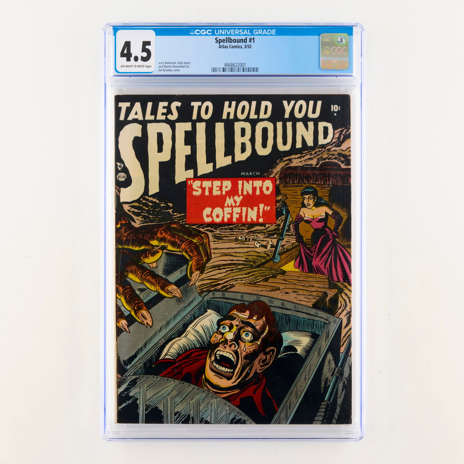 Atlas Comics Spellbound #1 CGC 4.5: Atlas Comics Spellbound #1 CGC 4.5 USA, 1952 Launching the Golden Age Atlas horror title, this premier issue features a Sol Brodsky cover. The interior displays a high pedigree of talent including Jer