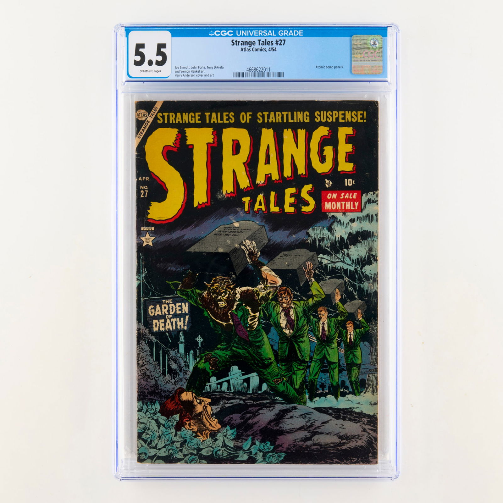 Atlas Comics Strange Tales #27 CGC 5.5: Atlas Comics Strange Tales #27 CGC 5.5 USA, 1954 Issue features atomic bomb panels, with art by Joe Sinnott, John Forte, Tony DiPreta and Vernon Henkel, and cover and art by Harry Anderson. CGC#: 4